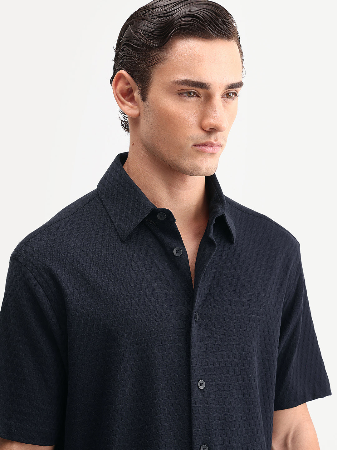 Rare Rabbit Men's Borp-26 Navy Cotton Fabric Half Sleeve Spread Collar Regular Fit Jacquard Shirt