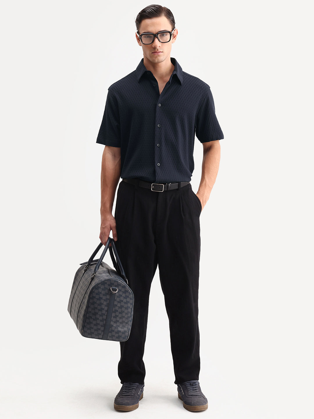 Rare Rabbit Men's Borp-26 Navy Cotton Fabric Half Sleeve Spread Collar Regular Fit Jacquard Shirt