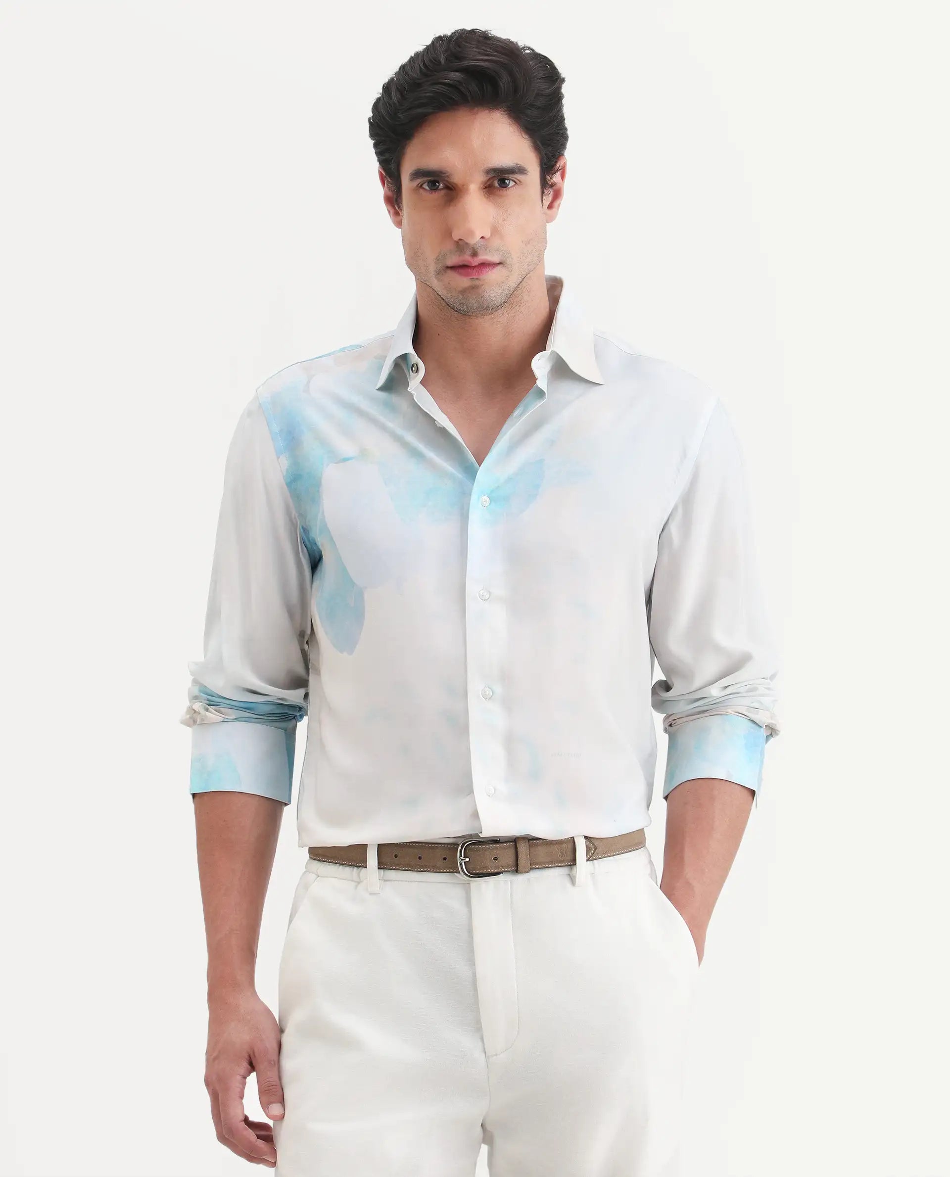 Rare Rabbit Men's Cleo White Viscose Fabric Full Sleeve Spread Collar Regular Fit Abstract Print Shirt