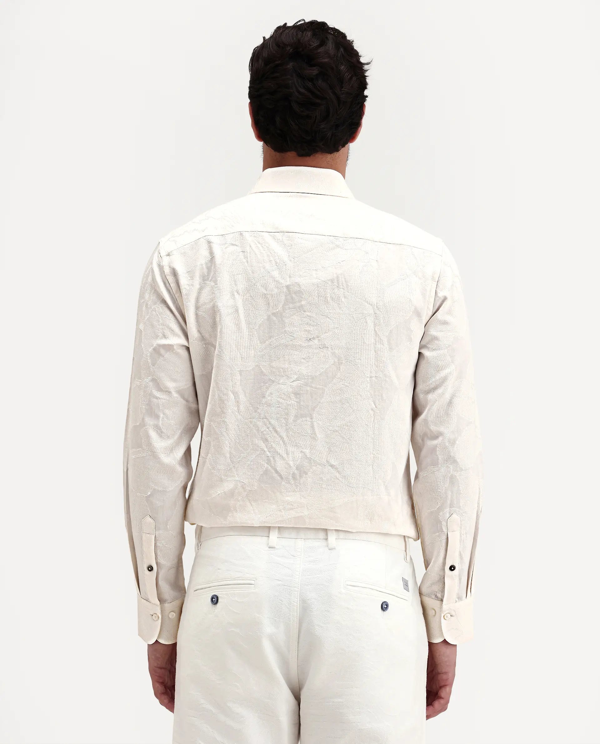Rare Rabbit Men's Daqo-Ls Off White Cotton Full Sleeve Spread Collar Regular Fit Jacquard Shirt