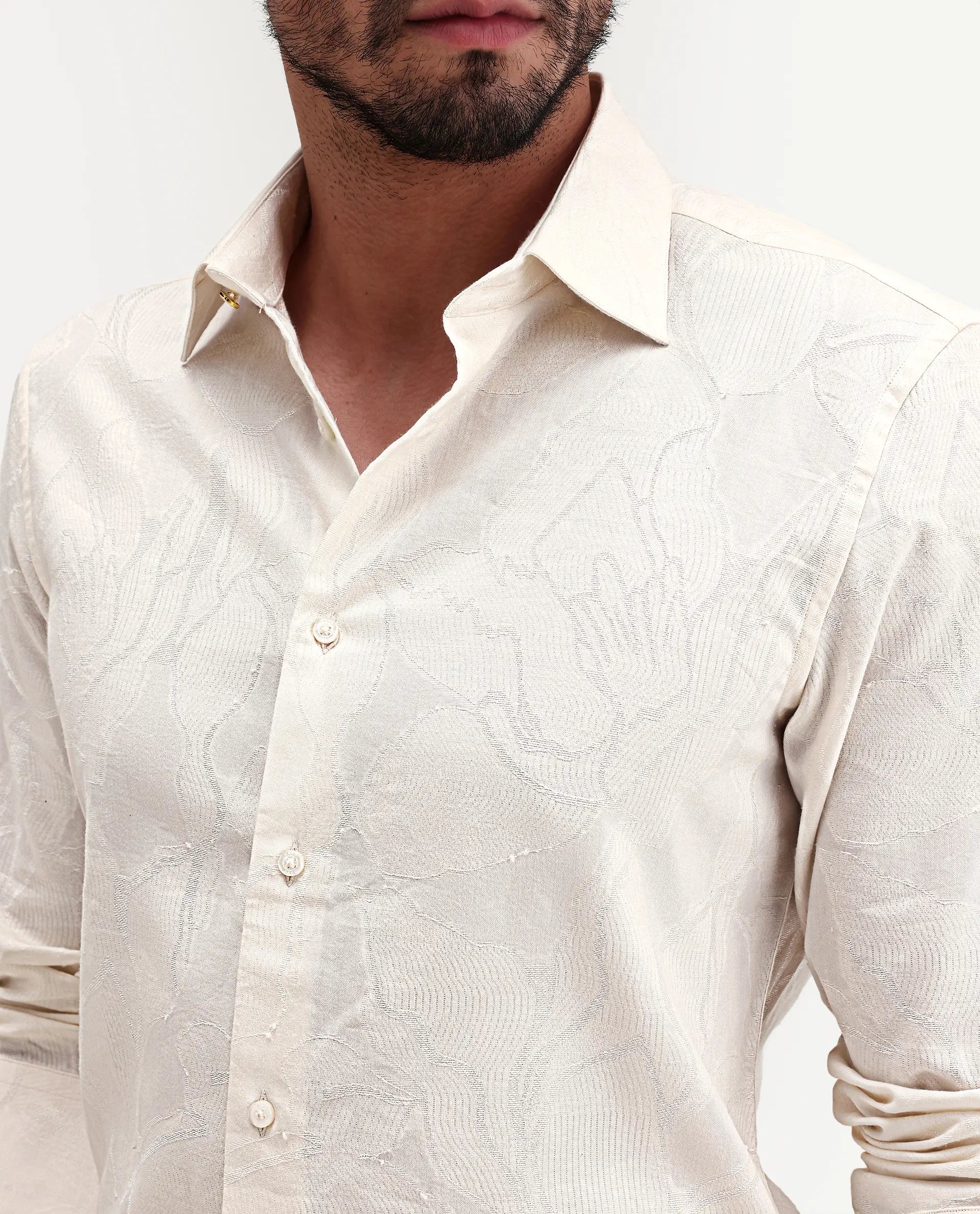 Rare Rabbit Men's Daqo-Ls Off White Cotton Full Sleeve Spread Collar Regular Fit Jacquard Shirt