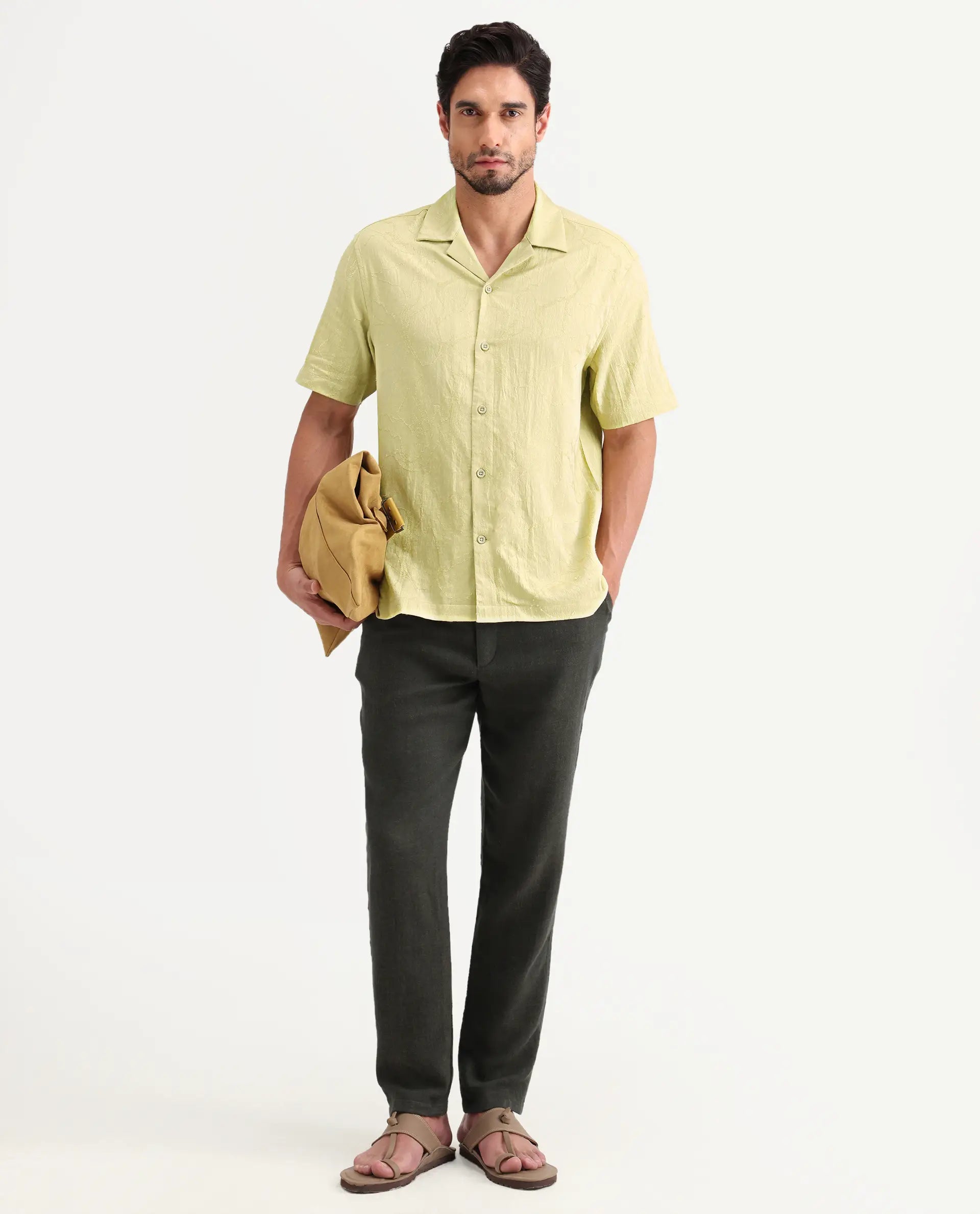 Rare Rabbit Men's Daqo-Ss Flourscent Green Cotton Half Sleeve Cuban Collar Regular Fit Jacquard Shirt