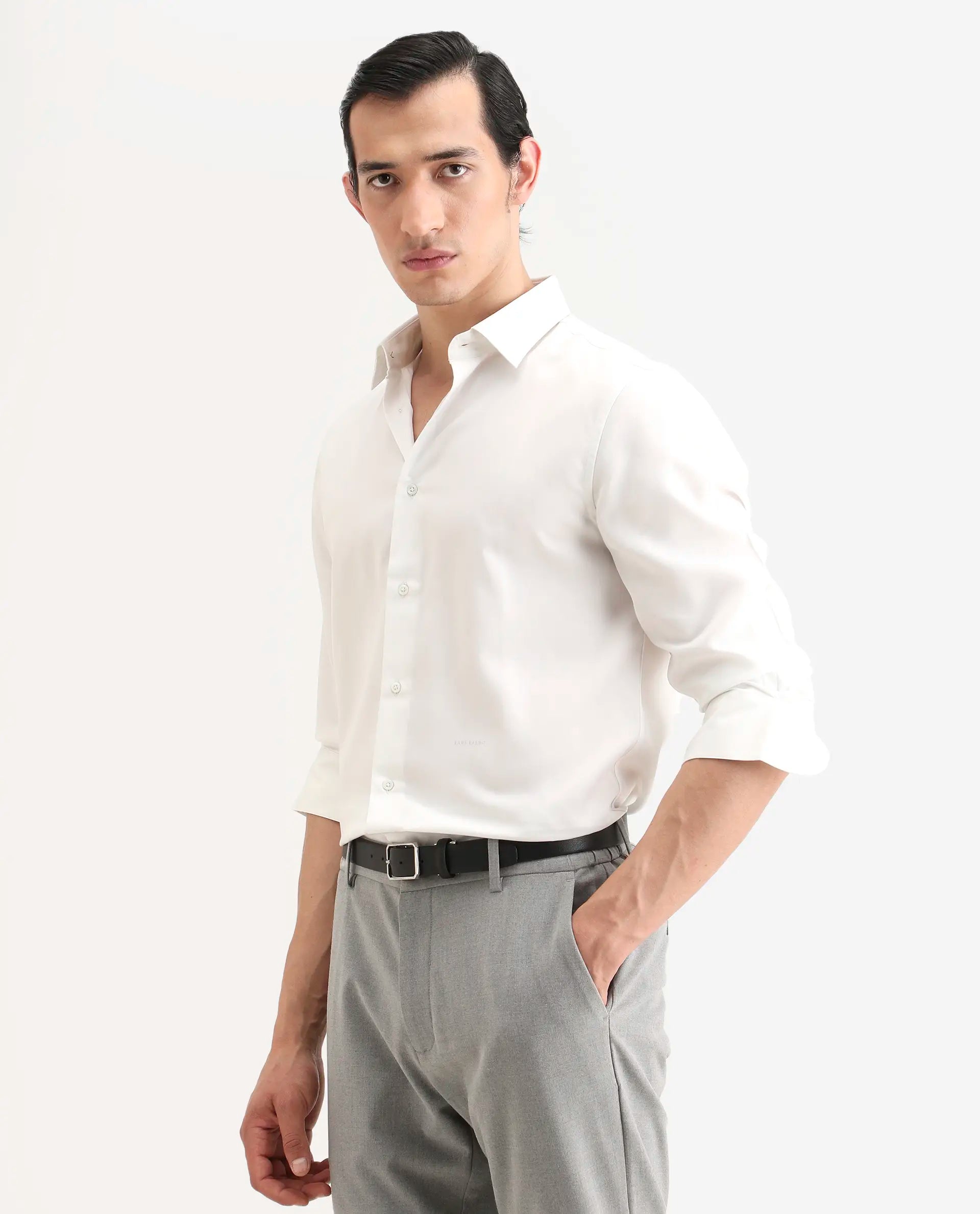 Rare Rabbit Men's Dream White Tencel Fabric Full Sleeve Spread Collar Regular Fit Plain Shirt