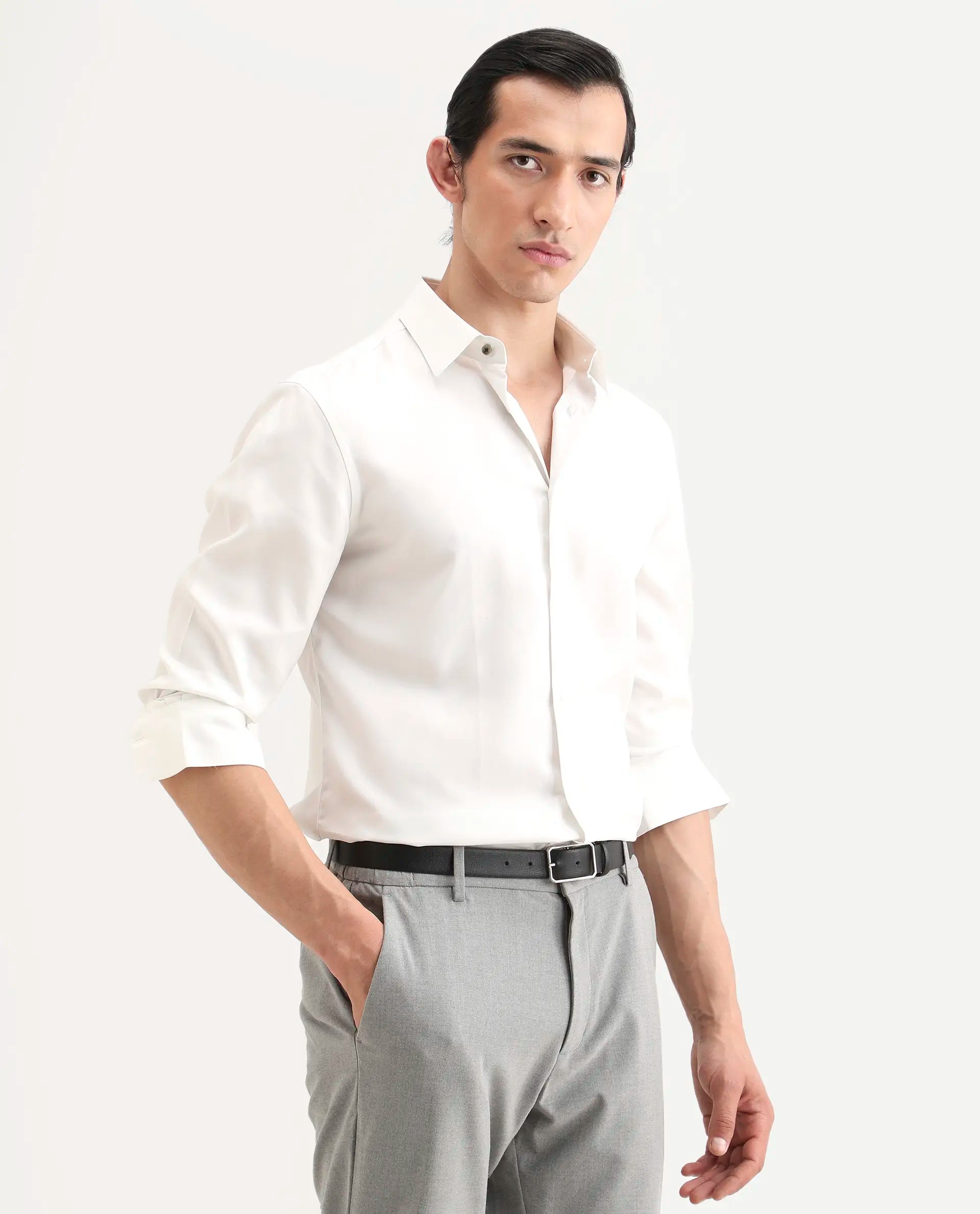Rare Rabbit Men's Dream White Tencel Fabric Full Sleeve Spread Collar Regular Fit Plain Shirt