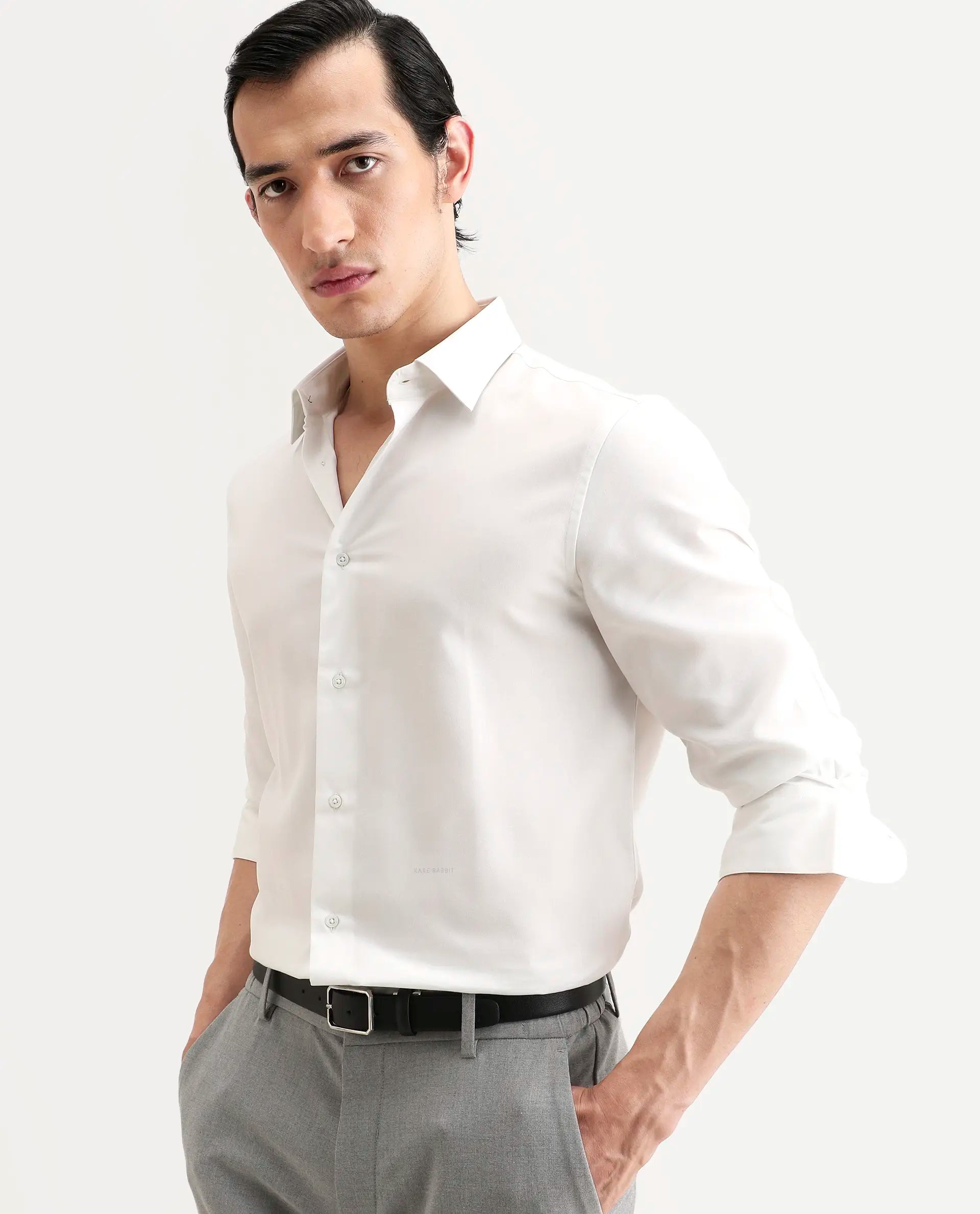 Rare Rabbit Men's Dream White Tencel Fabric Full Sleeve Spread Collar Regular Fit Plain Shirt