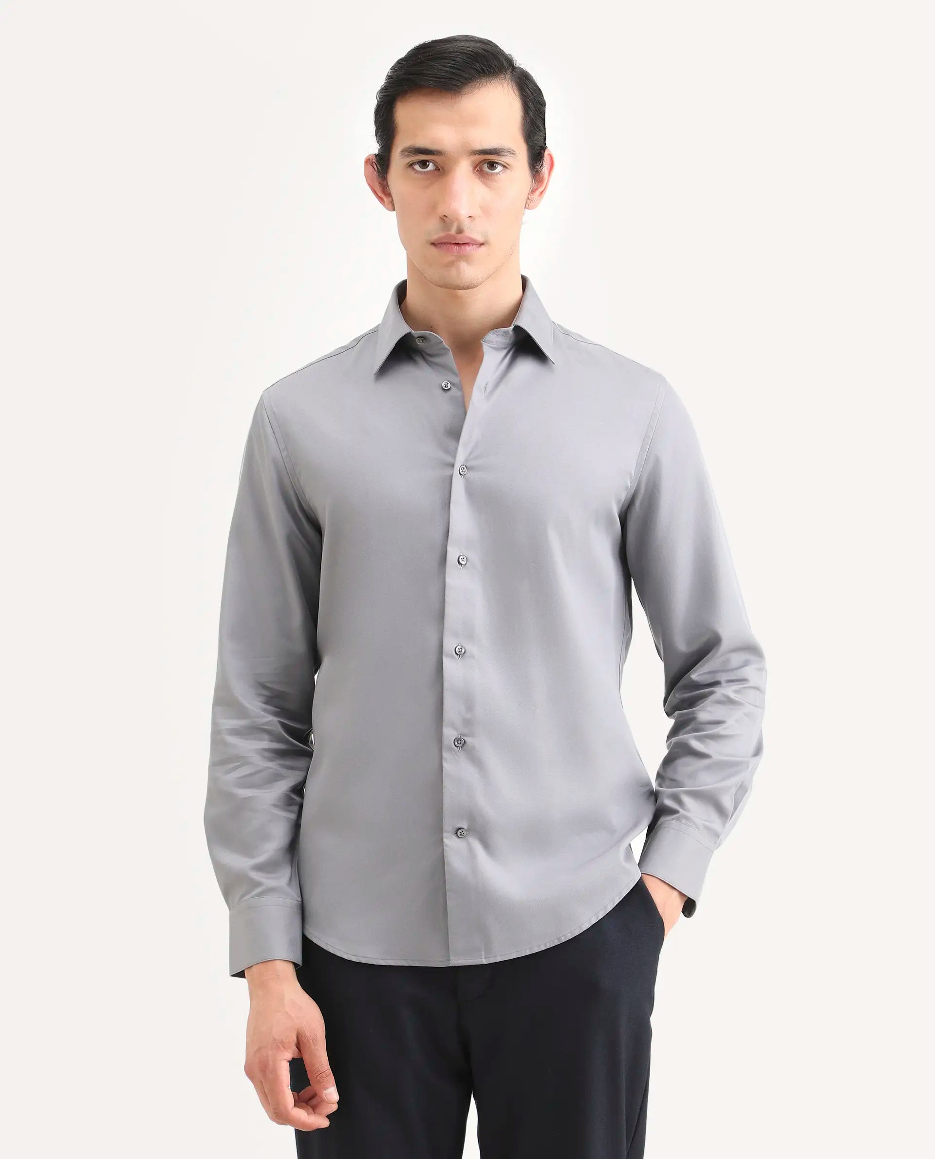 Rare Rabbit Men's Dream Pastel Grey Tencel Fabric Full Sleeve Spread Collar Regular Fit Plain Shirt