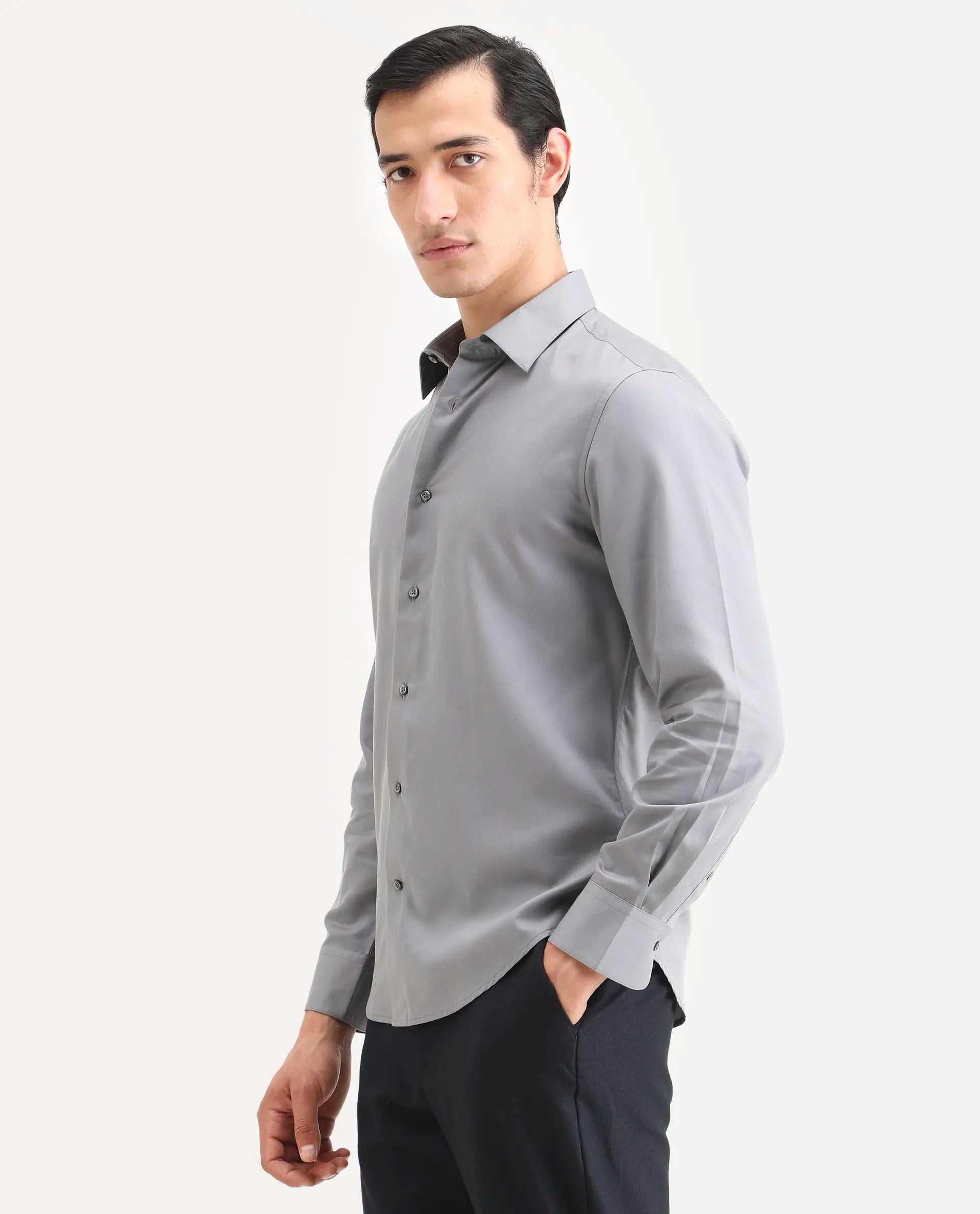 Rare Rabbit Men's Dream Pastel Grey Tencel Fabric Full Sleeve Spread Collar Regular Fit Plain Shirt