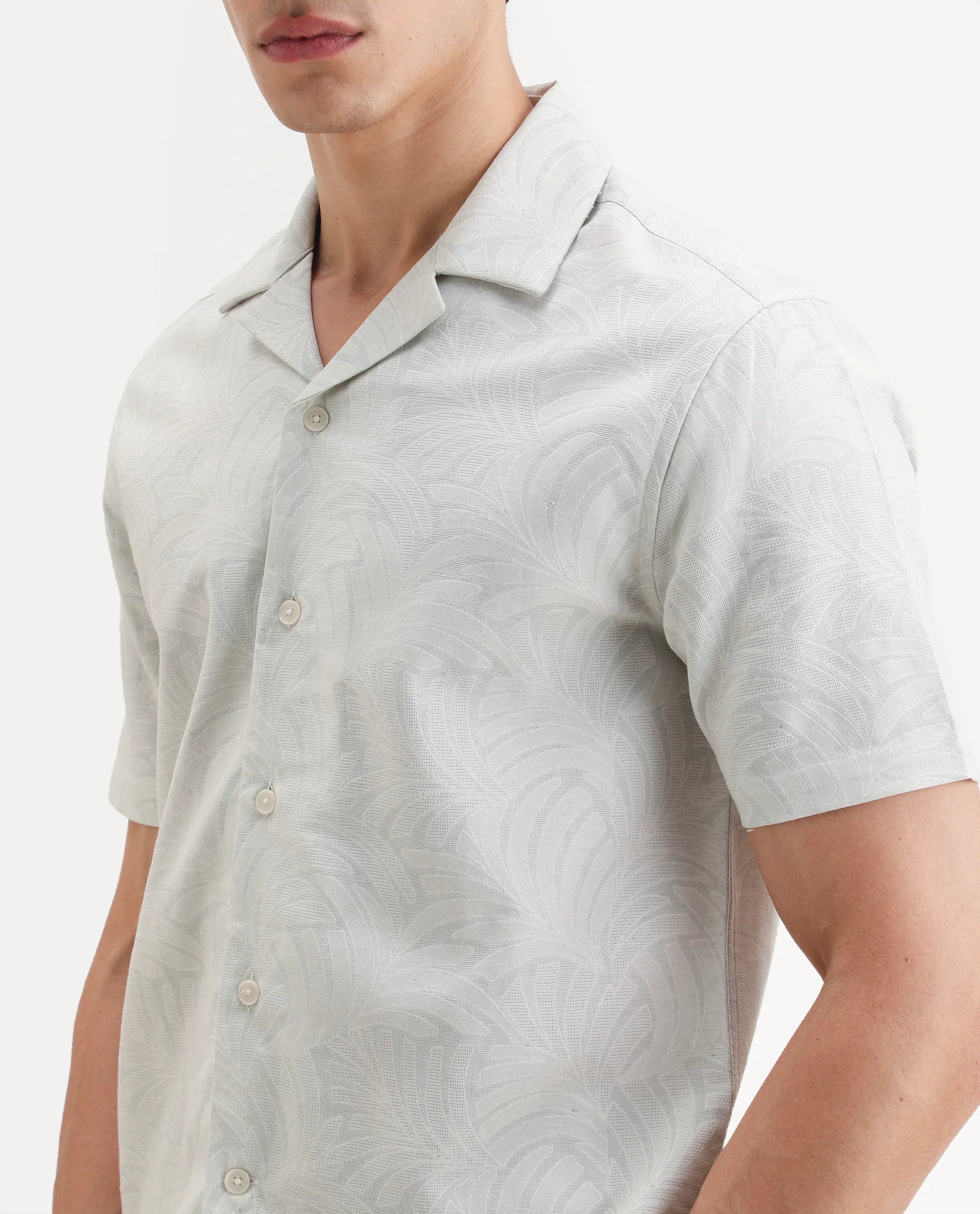 Rare Rabbit Men's Fira Off White Cotton Blend Half Sleeve Cuban Collar Regular Fit Jacquard Shirt