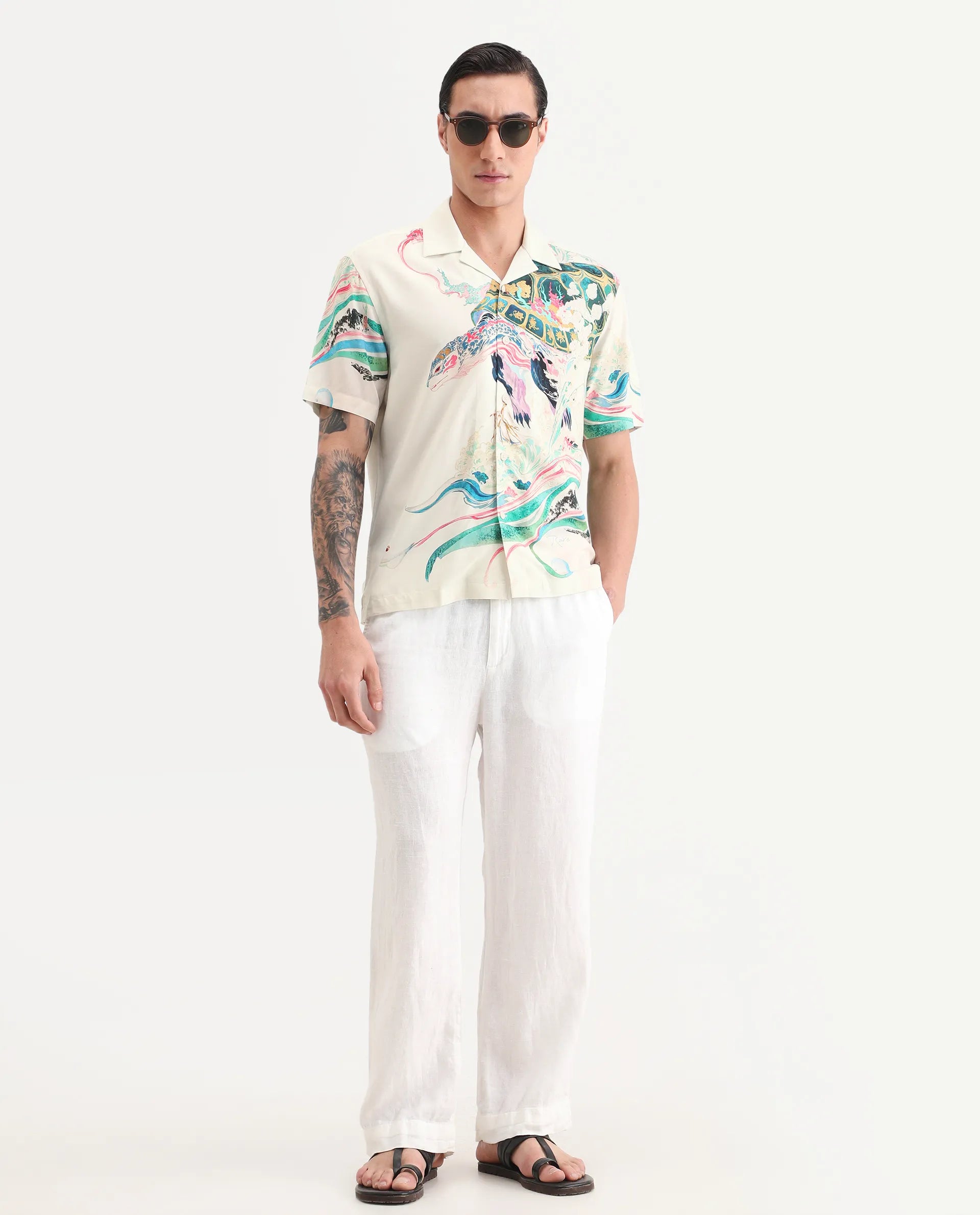Rare Rabbit Men's Hani Off White Viscose Fabric Half Sleeve Cuban Collar Regular Fit Abstract Print Shirt