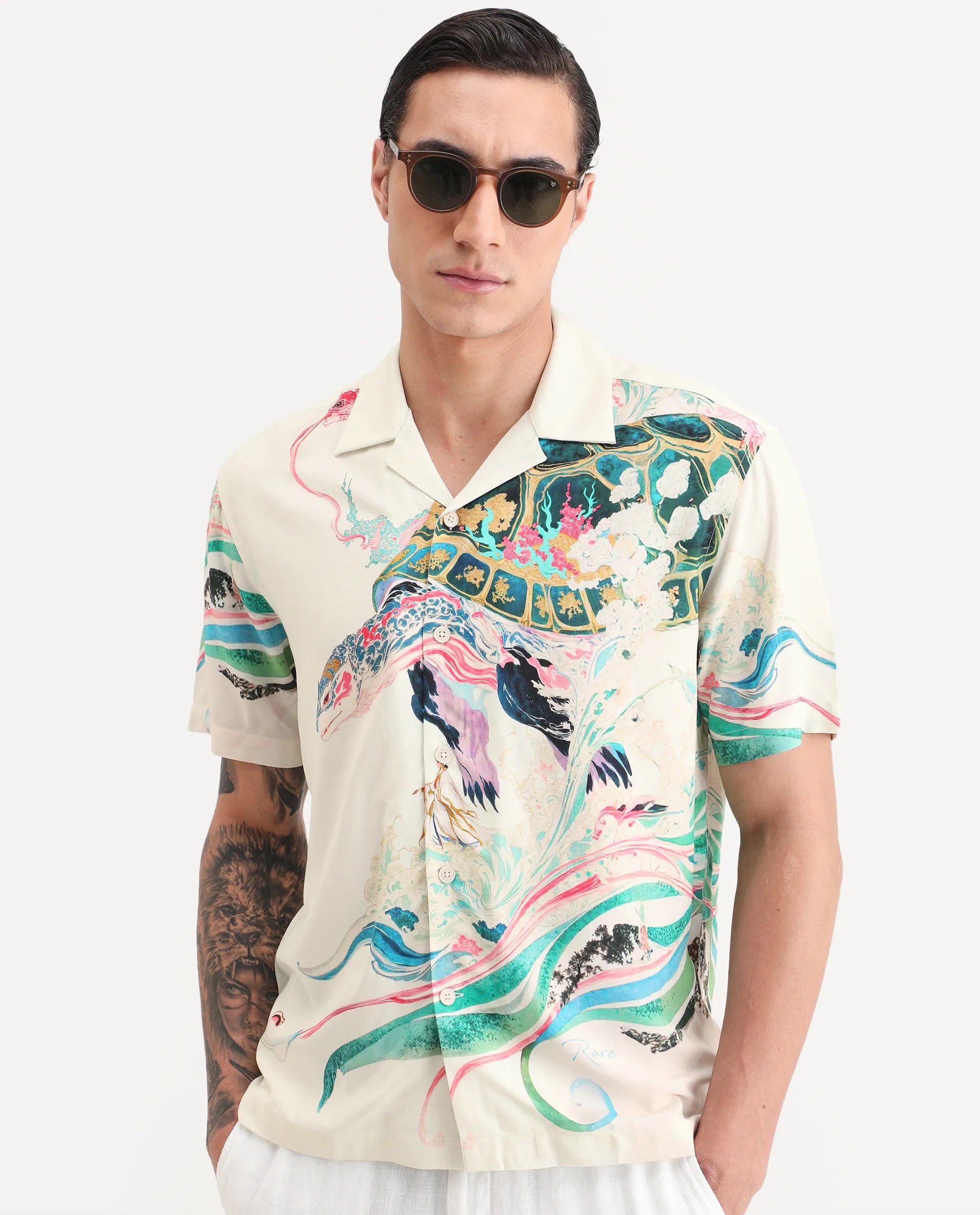 Rare Rabbit Men's Hani Off White Viscose Fabric Half Sleeve Cuban Collar Regular Fit Abstract Print Shirt