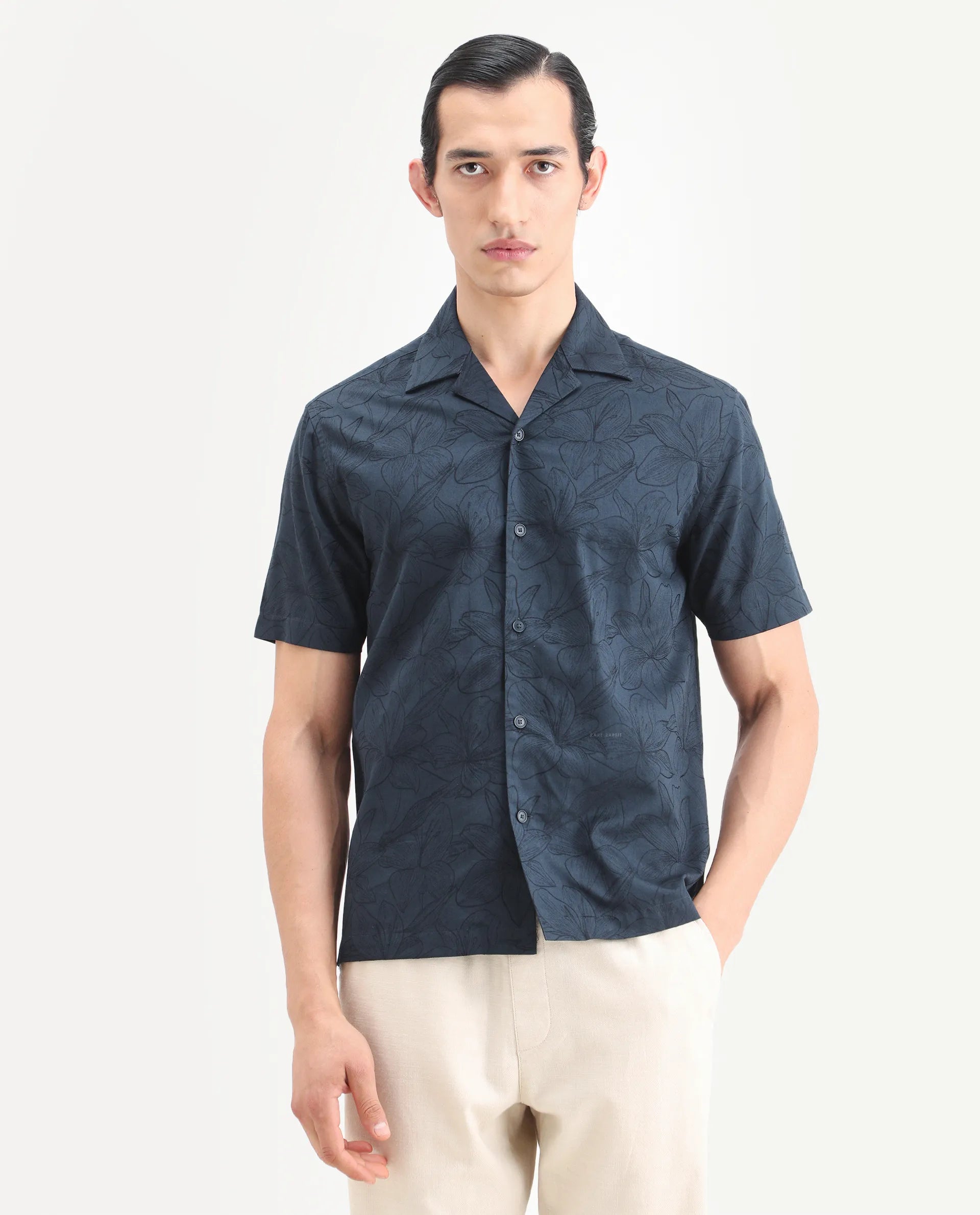 Rare Rabbit Men's Zyrn Navy Cotton Blend Half Sleeve Cuban Collar Regular Fit Jacquard Shirt