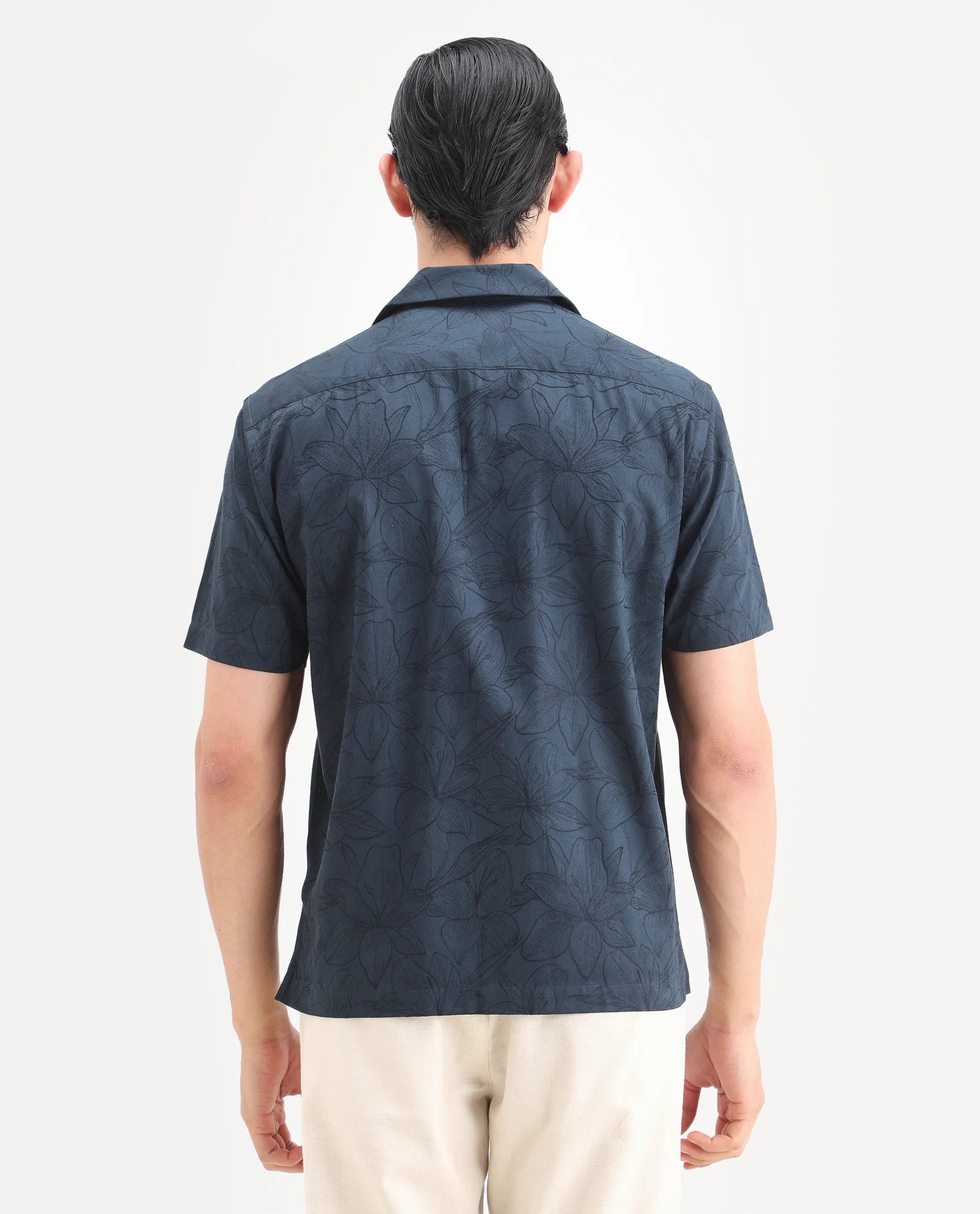 Rare Rabbit Men's Zyrn Navy Cotton Blend Half Sleeve Cuban Collar Regular Fit Jacquard Shirt