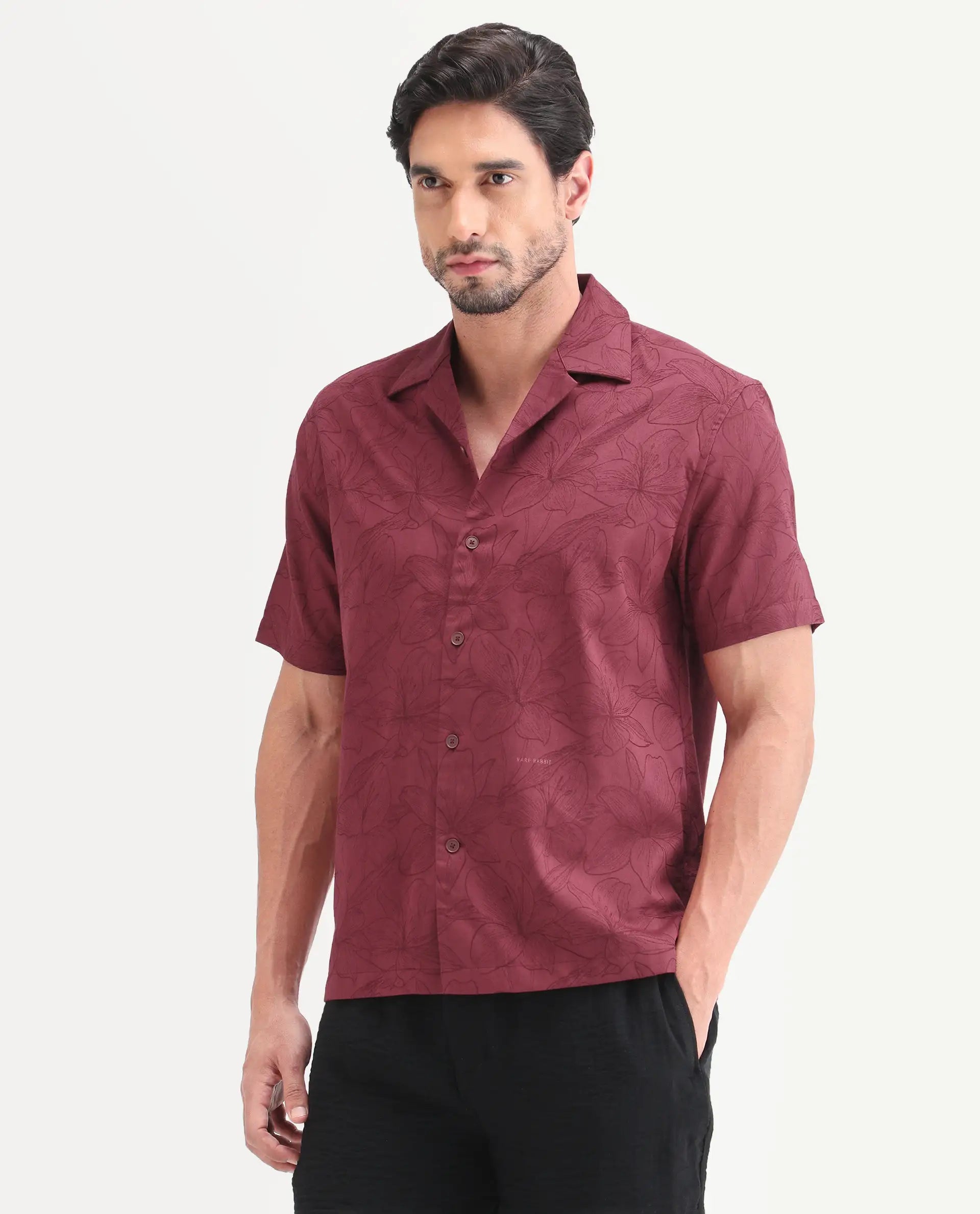 Rare Rabbit Men's Zyrn Red Cotton Blend Half Sleeve Cuban Collar Regular Fit Jacquard Shirt