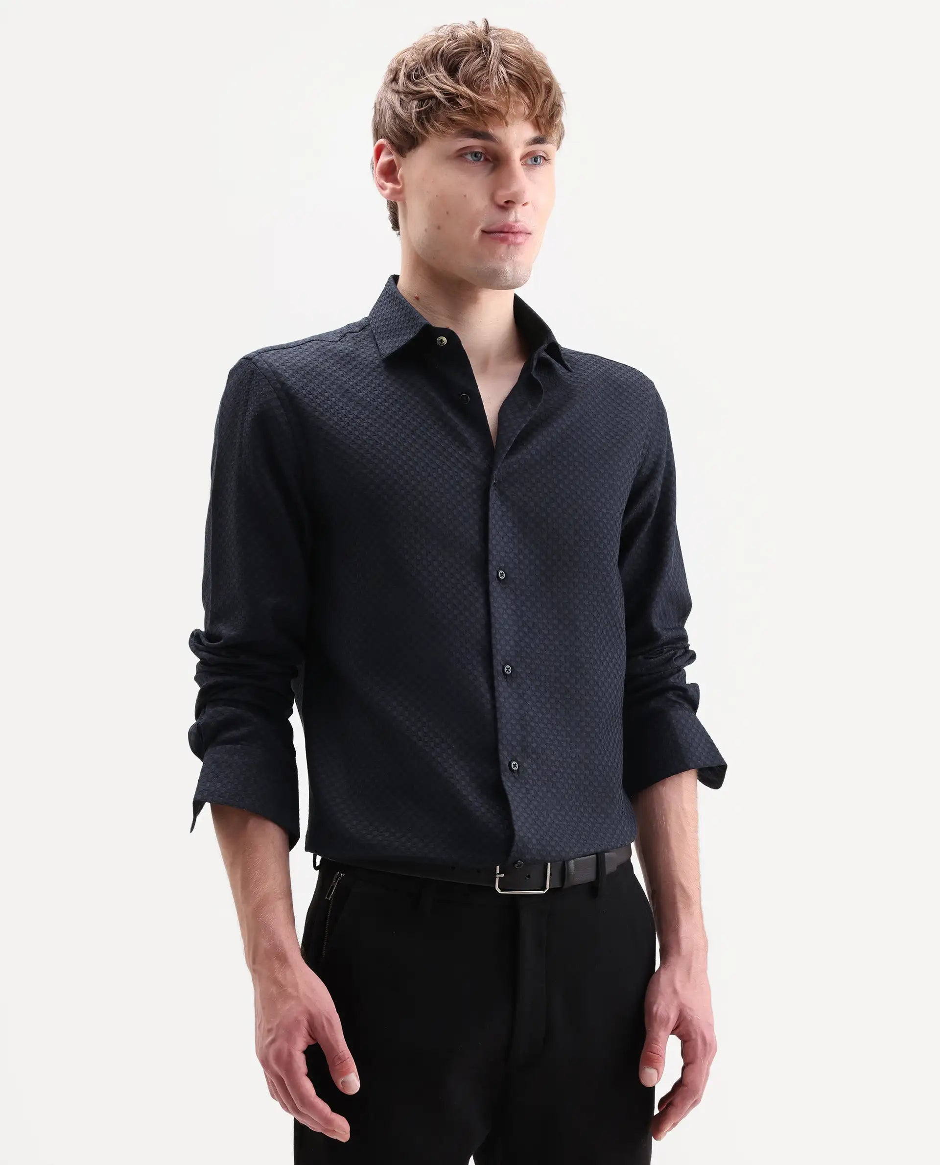 Rare Rabbit Men's Juxe-26-Ls Dark Navy Cotton Fabric Full Sleeve Spread Collar Button Regular Textured Shirt