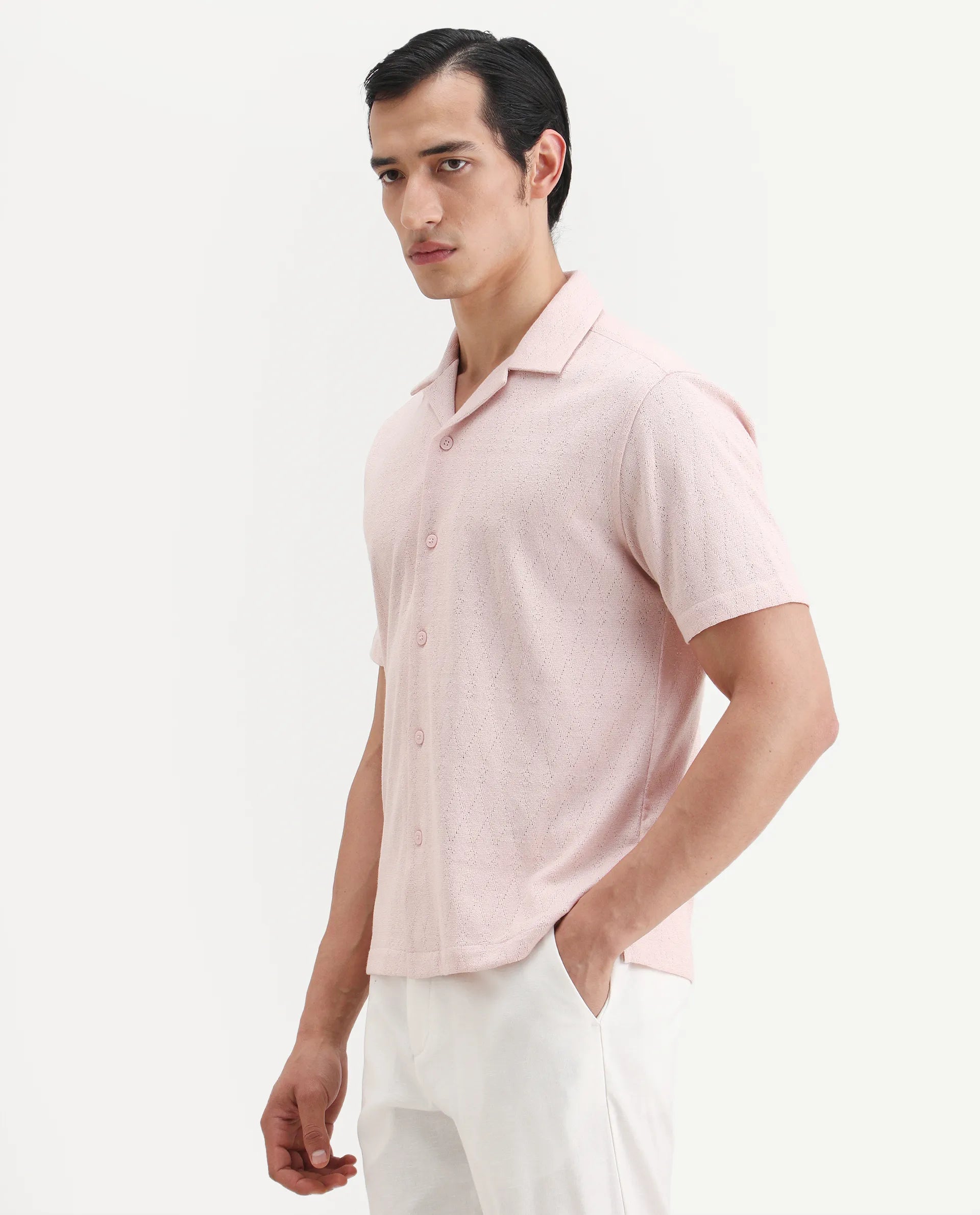 Rare Rabbit Men's Thea Light Pink Cotton Blend Fabric Half Sleeve Cuban Collar Relaxed Fit Jacquard Shirt
