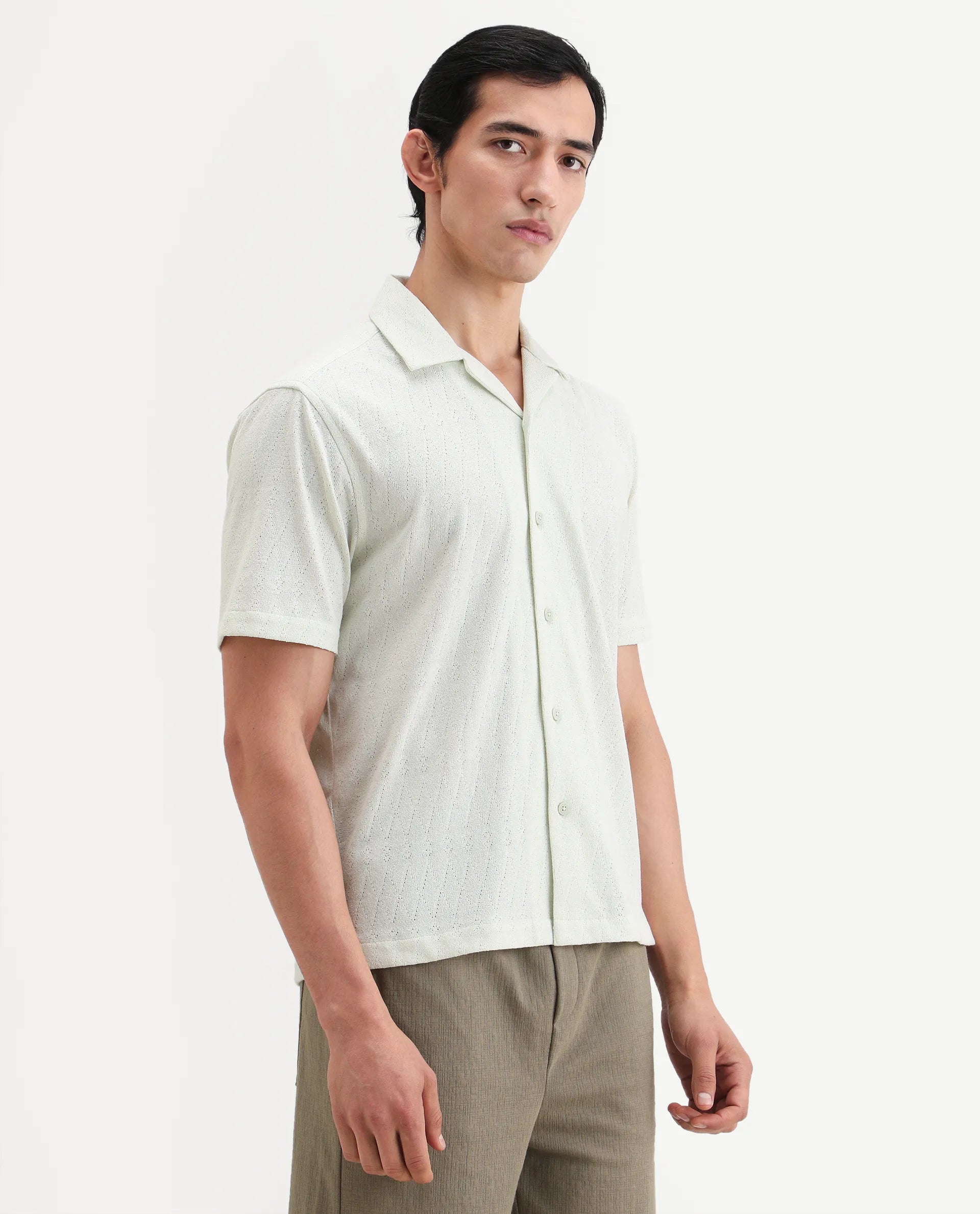 Rare Rabbit Men's Thea Flourscent Green Cotton Blend Fabric Half Sleeve Cuban Collar Relaxed Fit Jacquard Shirt