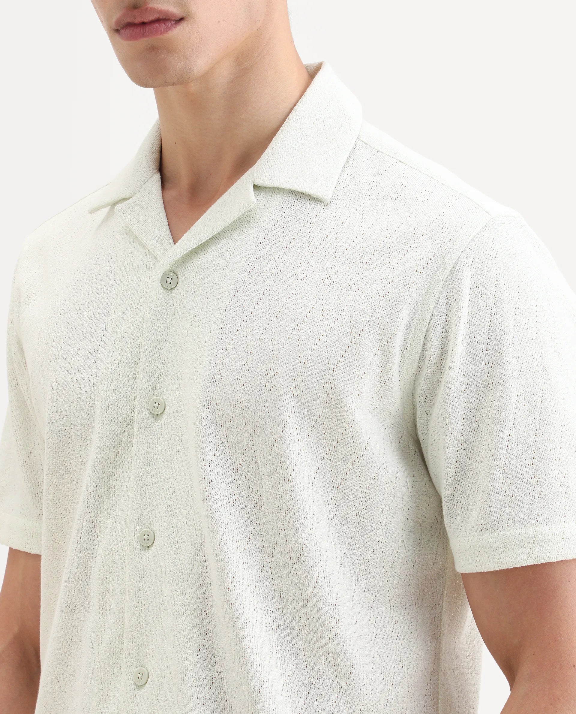 Rare Rabbit Men's Thea Flourscent Green Cotton Blend Fabric Half Sleeve Cuban Collar Relaxed Fit Jacquard Shirt