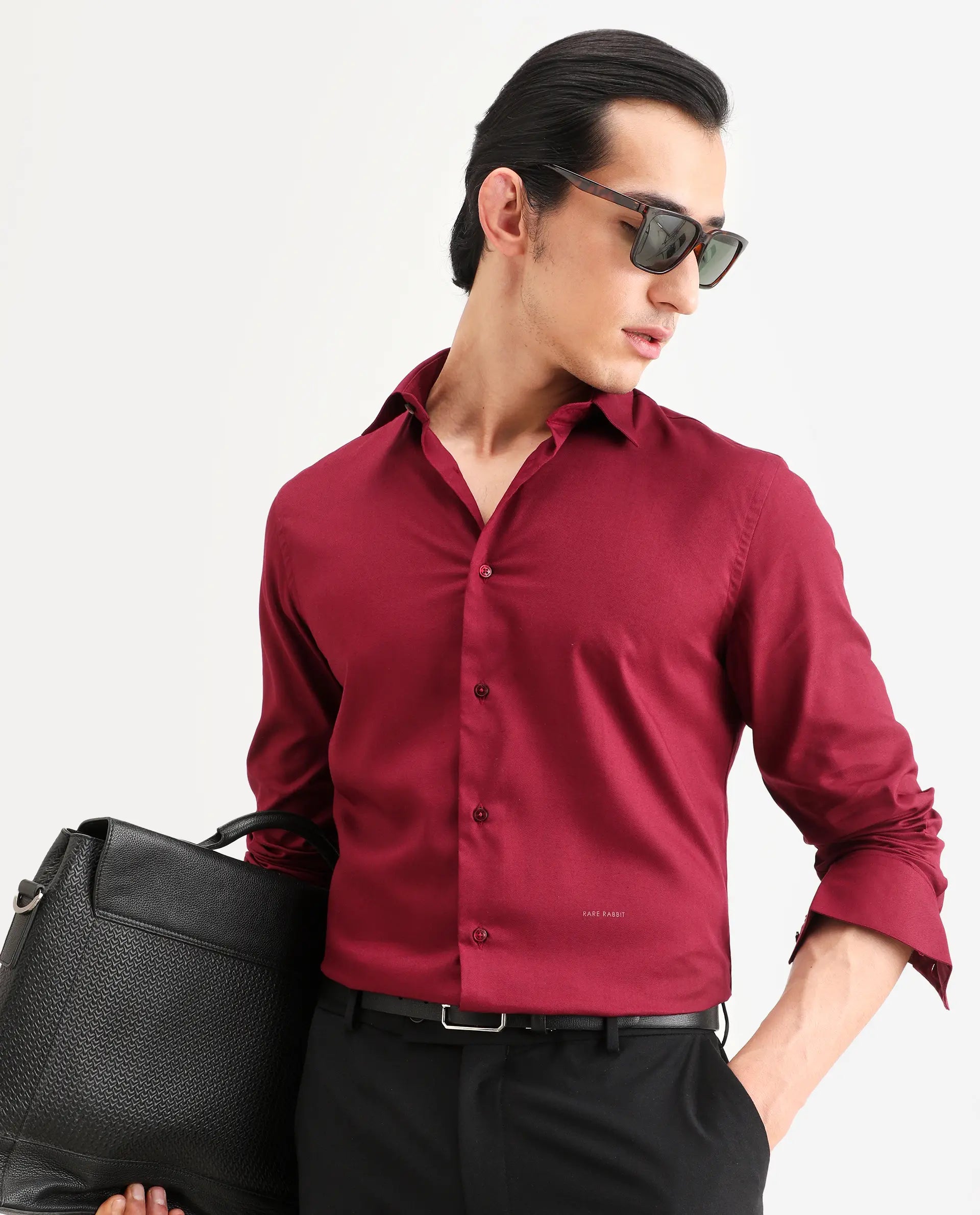 Rare Rabbit Men's Essonn Dark Red Cotton Blend Fabric Full Sleeve Spread Collar Regular Fit Plain Shirt