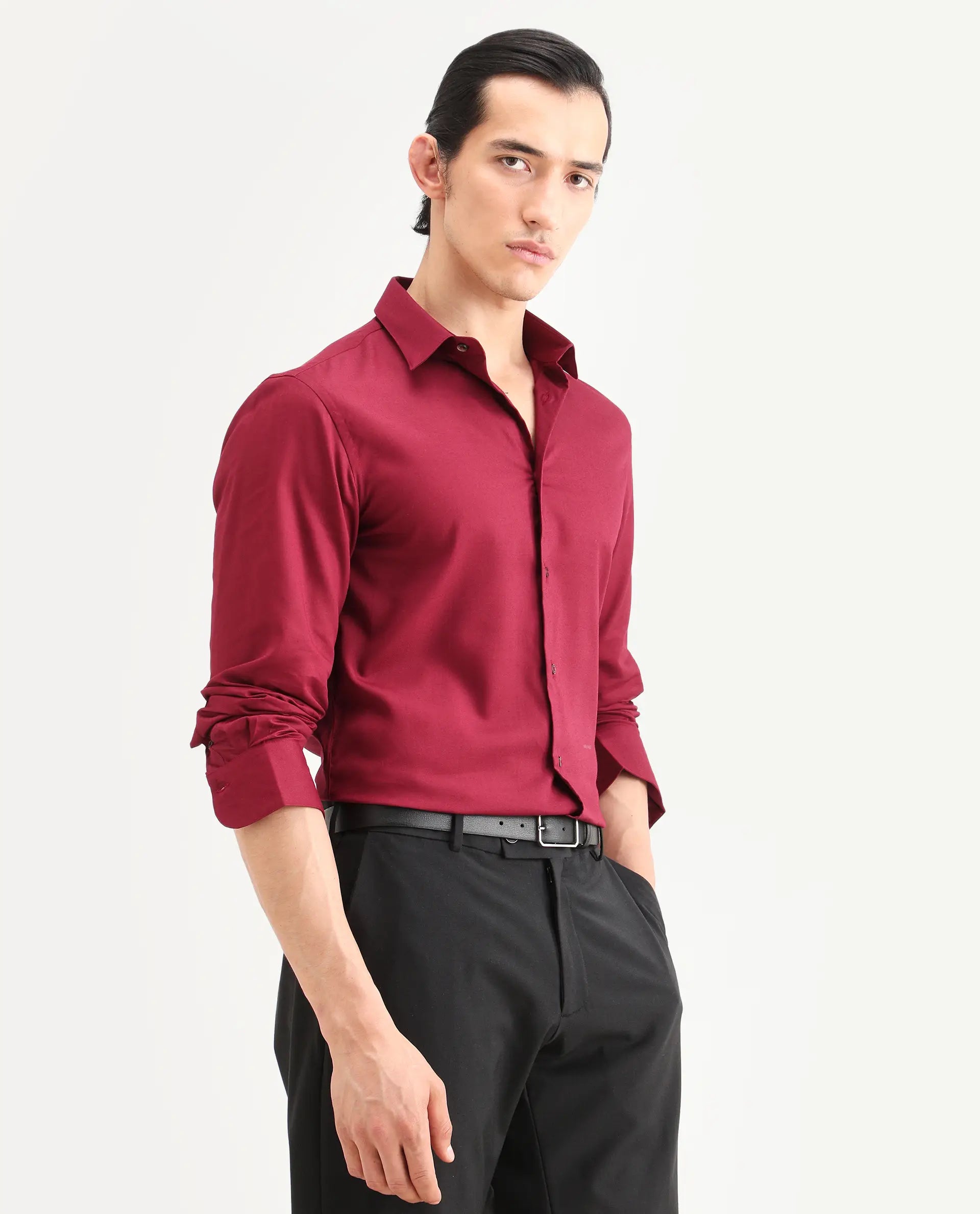 Rare Rabbit Men's Essonn Dark Red Cotton Blend Fabric Full Sleeve Spread Collar Regular Fit Plain Shirt