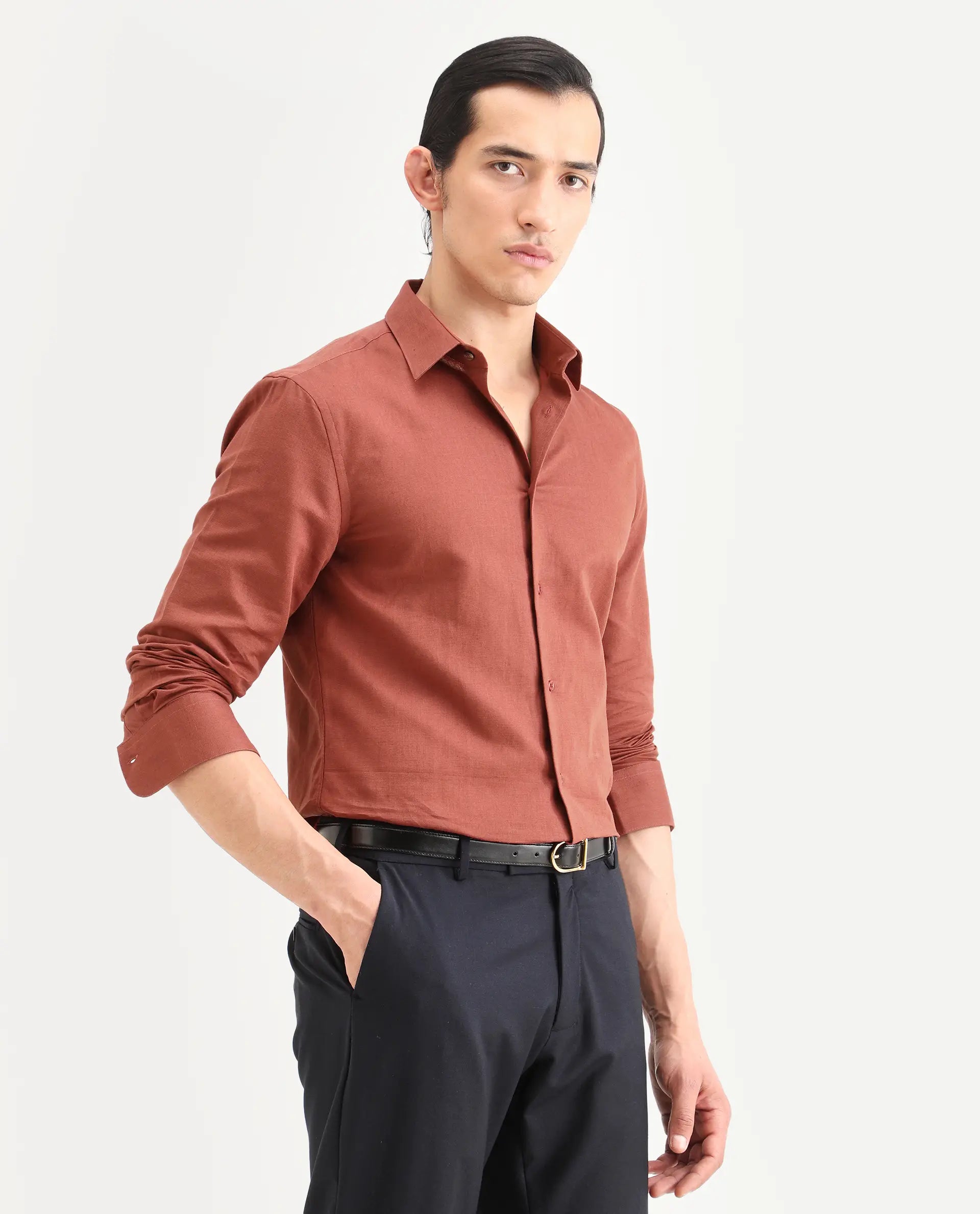 Rare Rabbit Men's Linox Light Rust Linen Blend Fabric Full Sleeve Spread Collar Regular Fit Plain Shirt