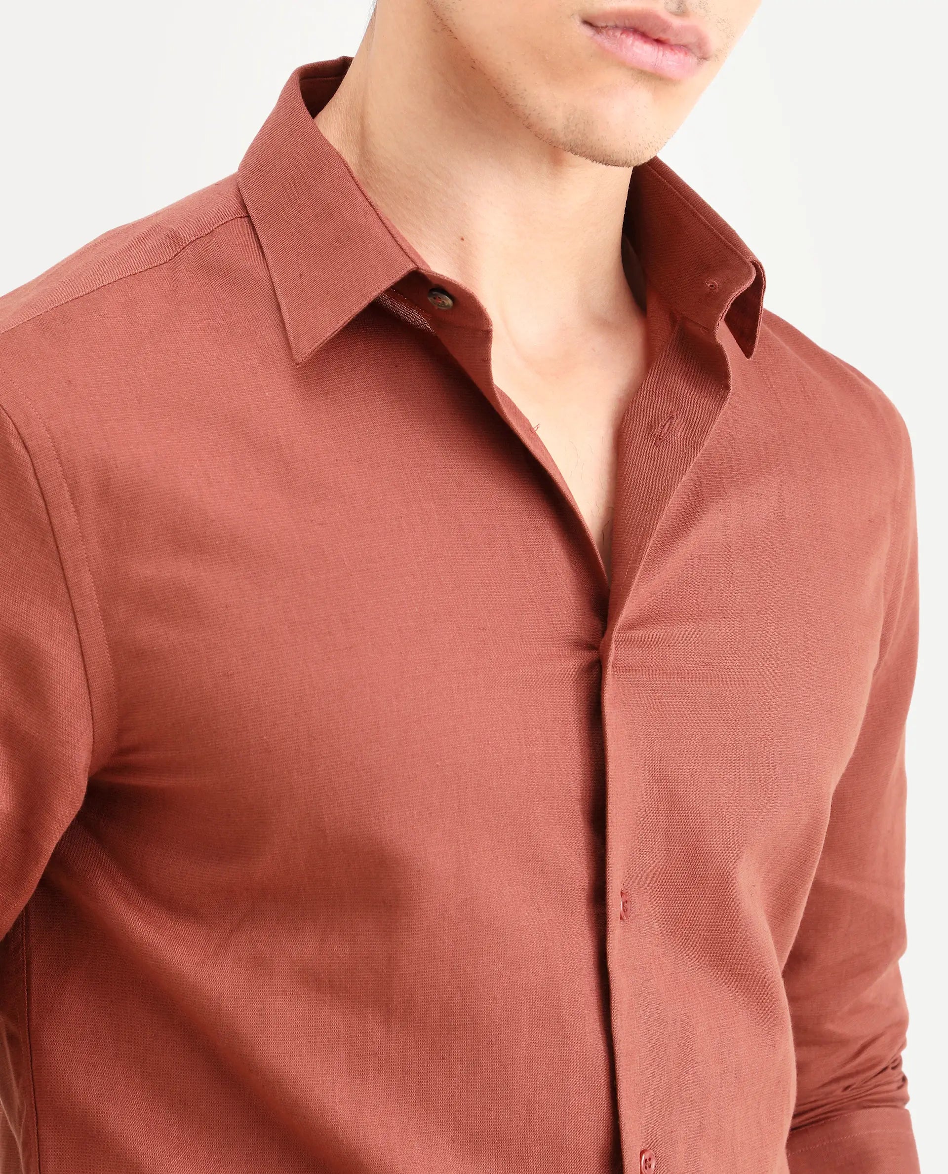 Rare Rabbit Men's Linox Light Rust Linen Blend Fabric Full Sleeve Spread Collar Regular Fit Plain Shirt