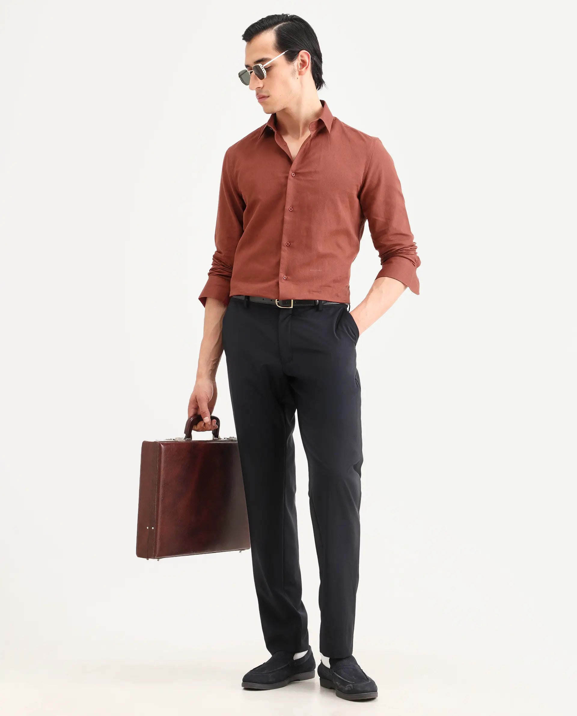 Rare Rabbit Men's Linox Light Rust Linen Blend Fabric Full Sleeve Spread Collar Regular Fit Plain Shirt