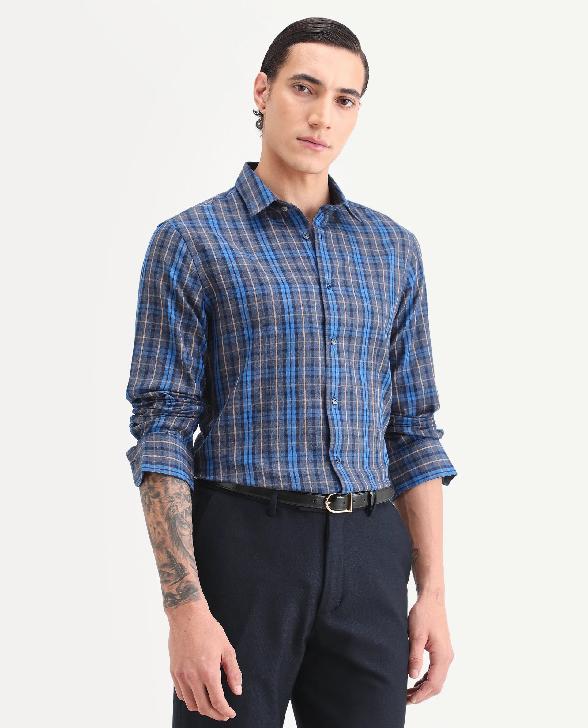 Rare Rabbit Men's Aaxel Dark Blue Cotton Blend Fabric Full Sleeve Spread Collar Regular Fit Checked Shirt