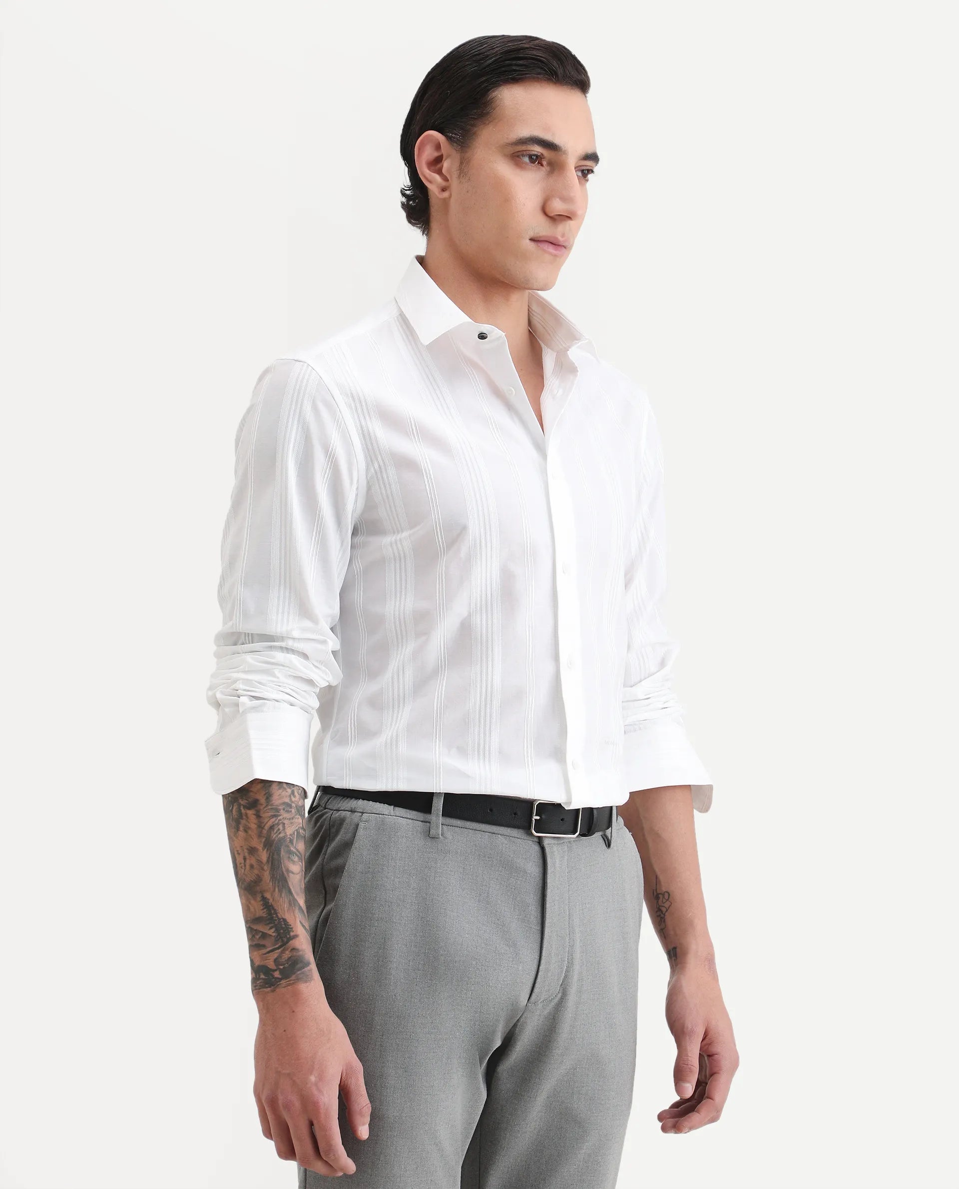 Rare Rabbit Men's Dobbler White Cotton Fabric Full Sleeve Spread Collar Regular Fit Striped Shirt