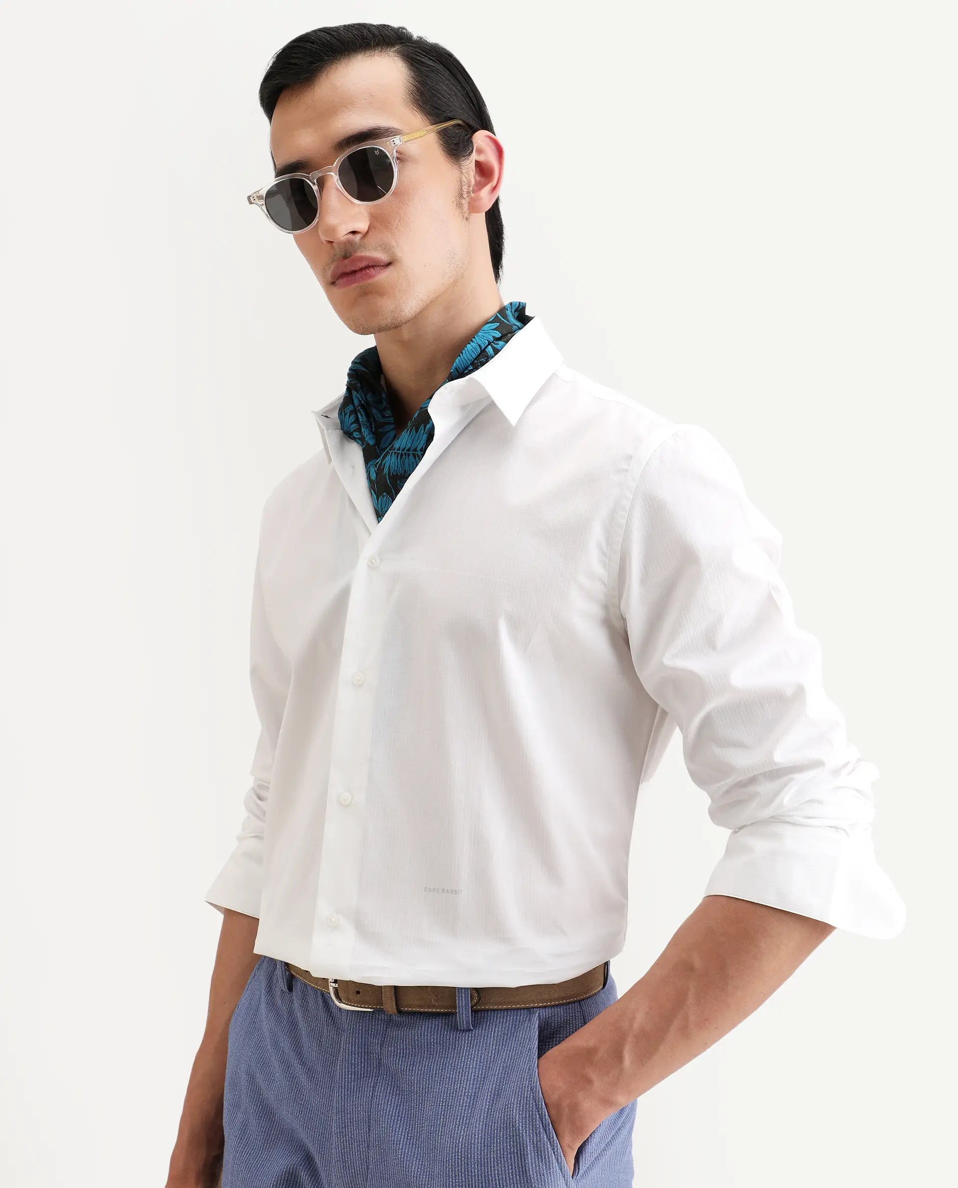 Rare Rabbit Men's Bains White Cotton Fabric Full Sleeve Spread Collar Regular Fit Plain Shirt