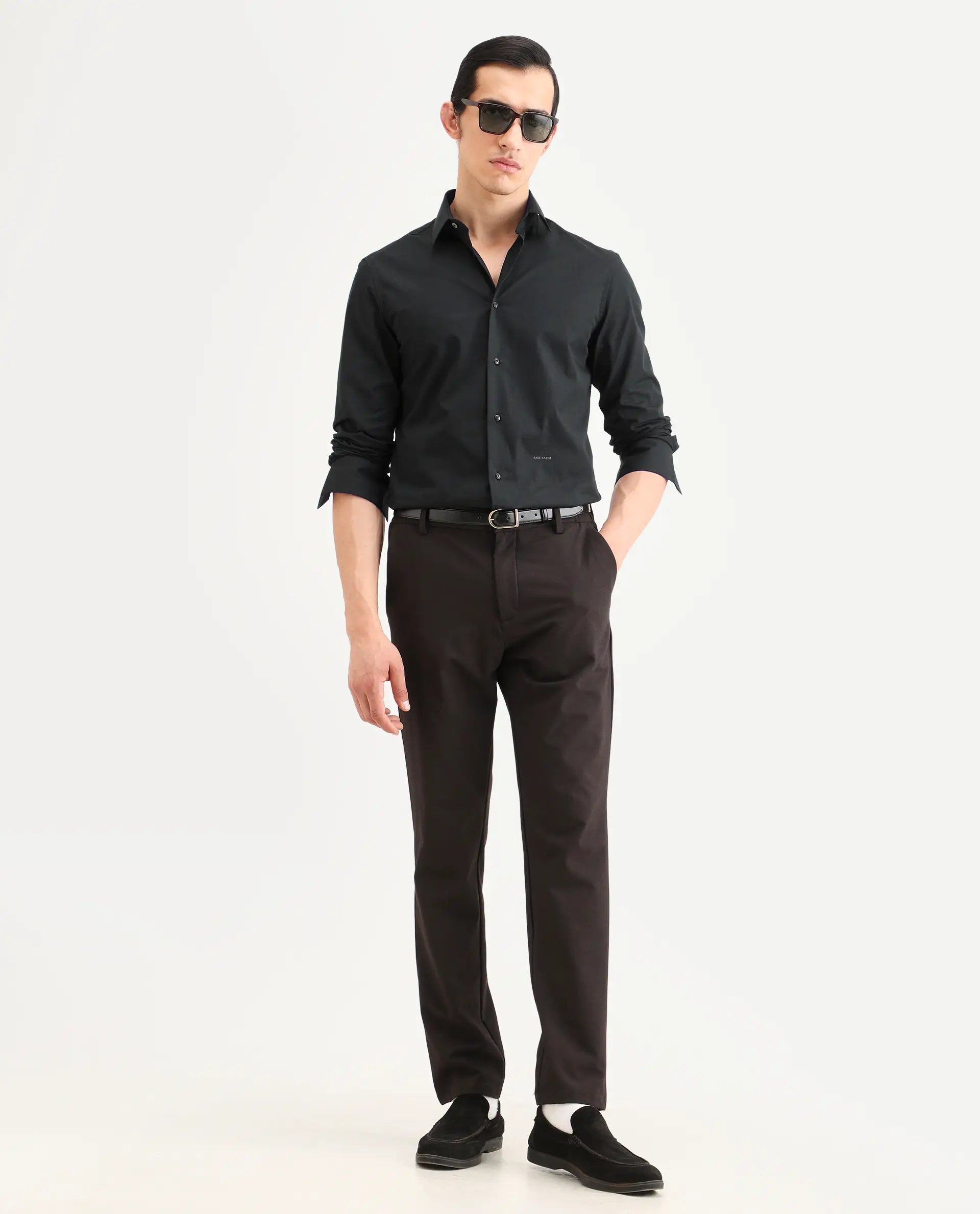 Rare Rabbit Men's Bains Black Cotton Fabric Full Sleeve Spread Collar Regular Fit Plain Shirt
