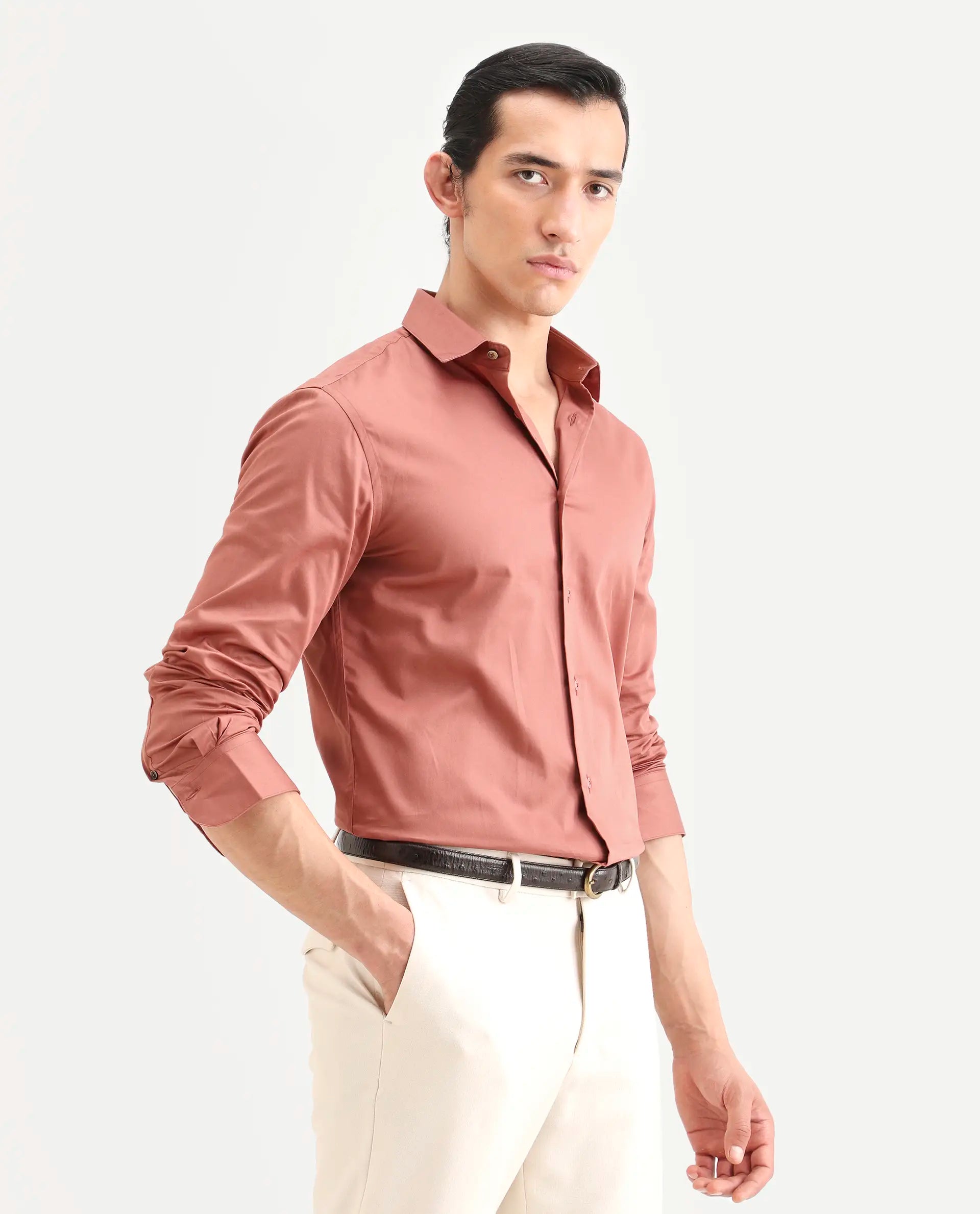Rare Rabbit Men's Amask Dusky Rust Cotton Fabric Full Sleeve Spread Collar Regular Fit Plain Shirt