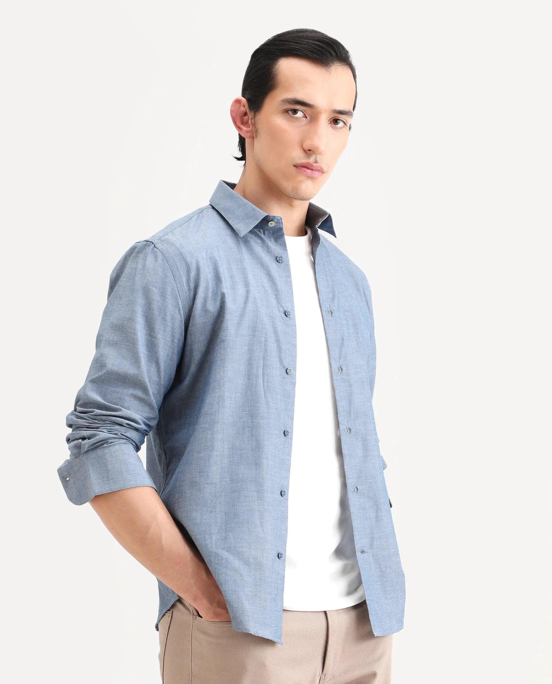 Rare Rabbit Men's Marth Dusky Grey Cotton Fabric Full Sleeve Spread Collar Regular Fit Plain Shirt