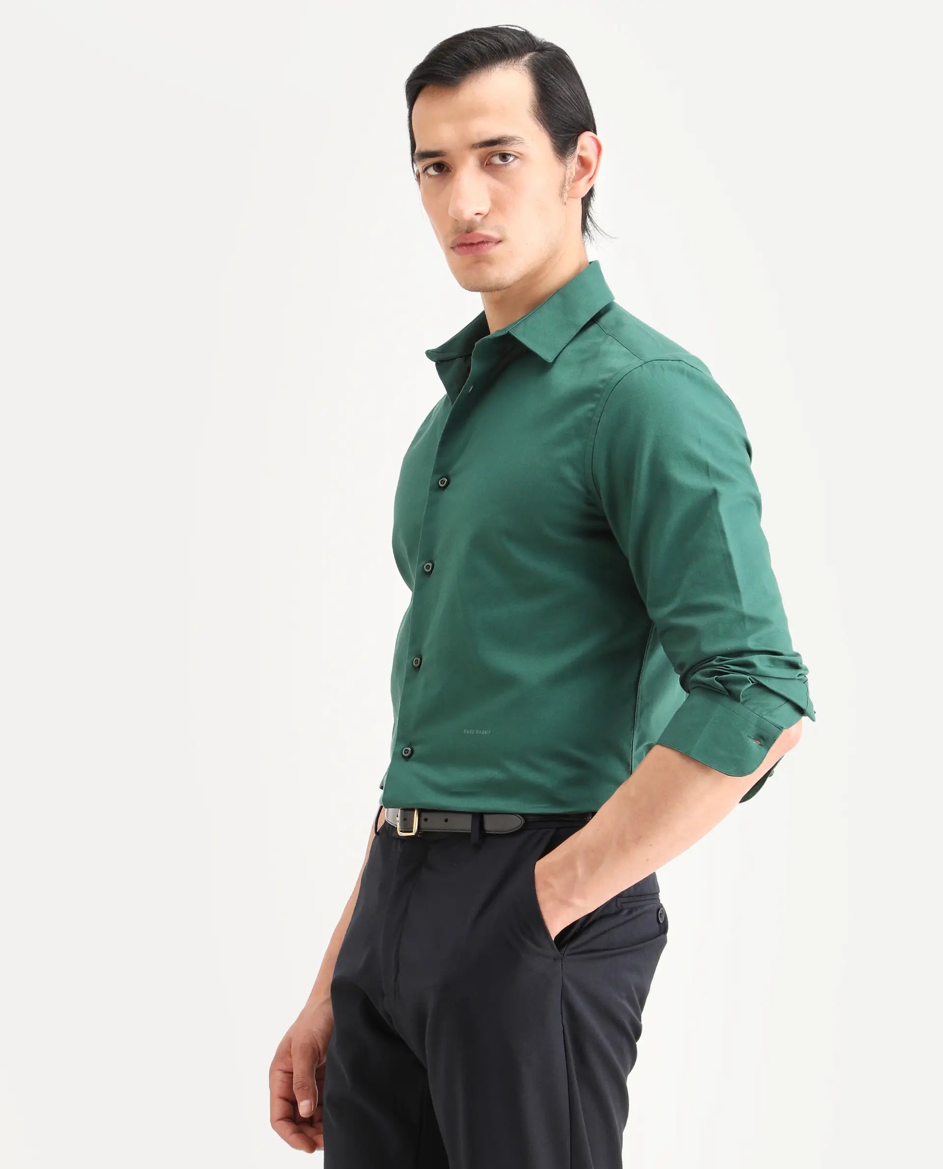 Rare Rabbit Men's Rath Dark Green Cotton Fabric Full Sleeve Spread Collar Regular Fit Plain Shirt