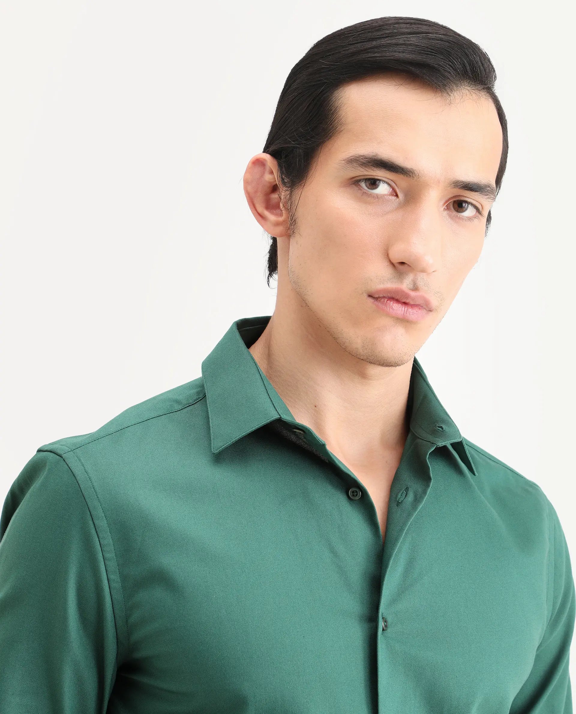 Rare Rabbit Men's Rath Dark Green Cotton Fabric Full Sleeve Spread Collar Regular Fit Plain Shirt