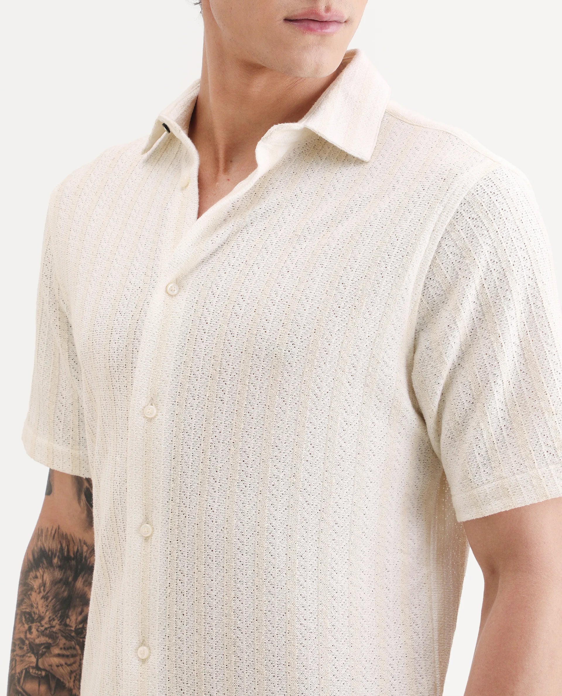 Rare Rabbit Men's Angou Off White Cotton Fabric Half Sleeve Spread Collar Regular Fit Textured Shirt