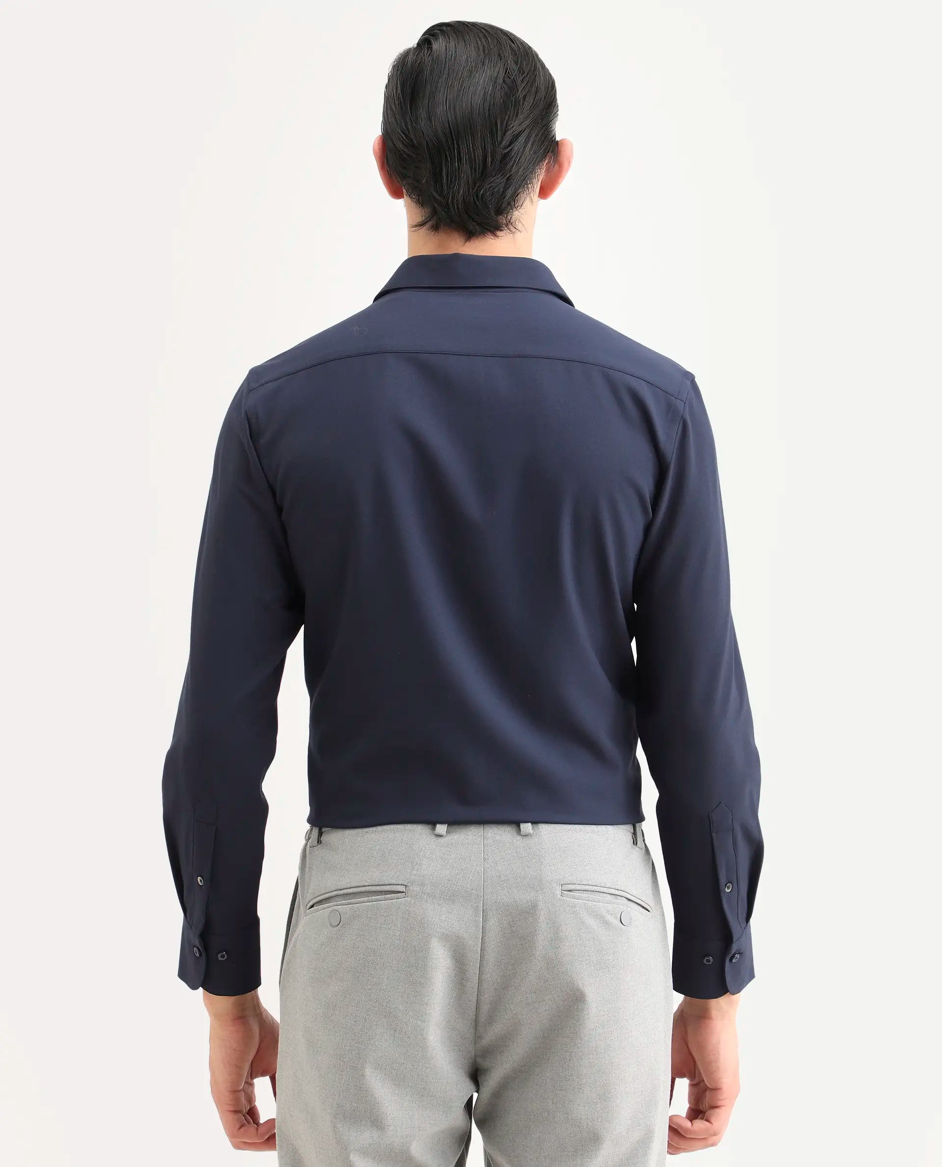 Rare Rabbit Men's Benee Dark Navy Polyester Blend Fabric Full Sleeve Spread Collar Regular Fit Plain Shirt