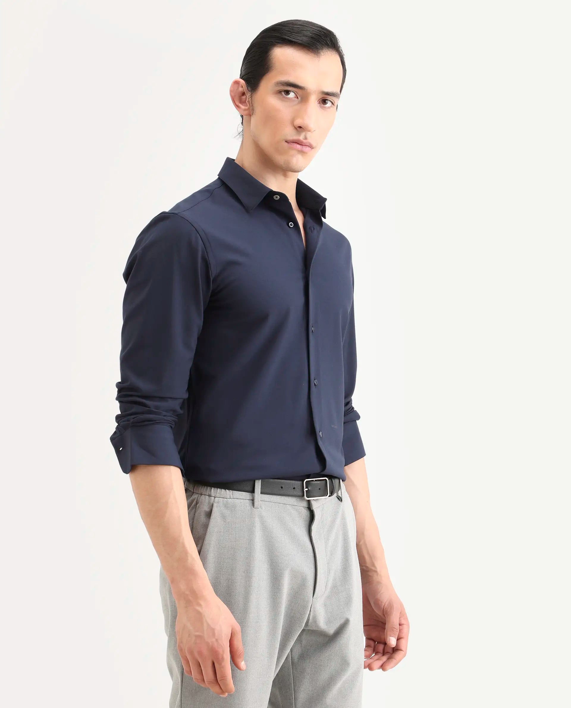 Rare Rabbit Men's Benee Dark Navy Polyester Blend Fabric Full Sleeve Spread Collar Regular Fit Plain Shirt