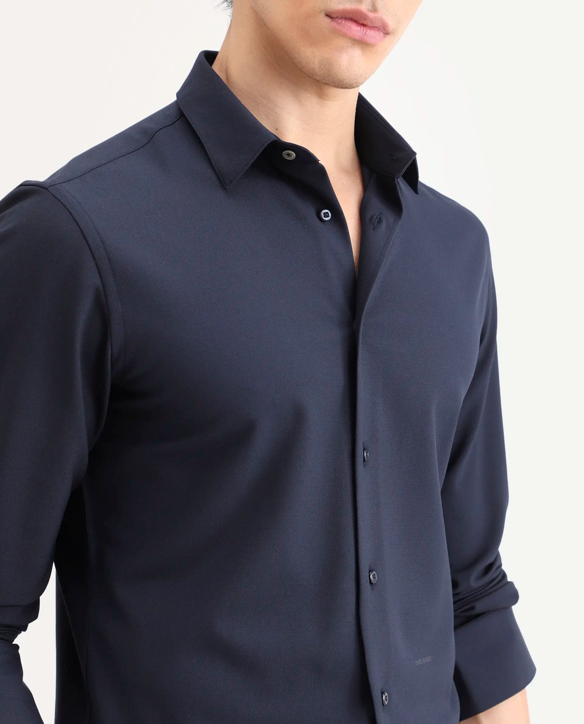 Rare Rabbit Men's Benee Dark Navy Polyester Blend Fabric Full Sleeve Spread Collar Regular Fit Plain Shirt
