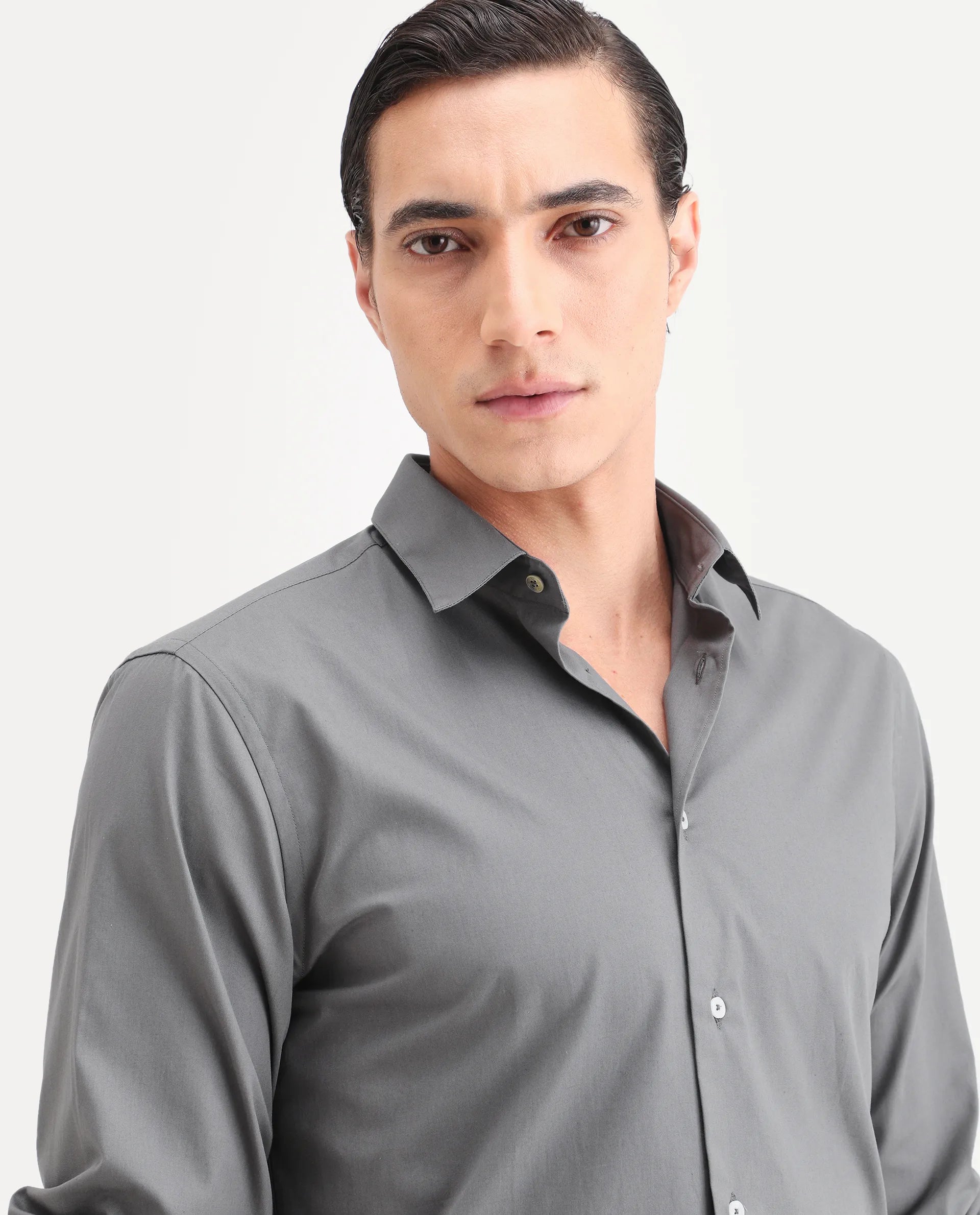 Rare Rabbit Men's Copz Dark Grey Cotton Fabric Full Sleeve Spread Collar Regular Fit Plain Shirt