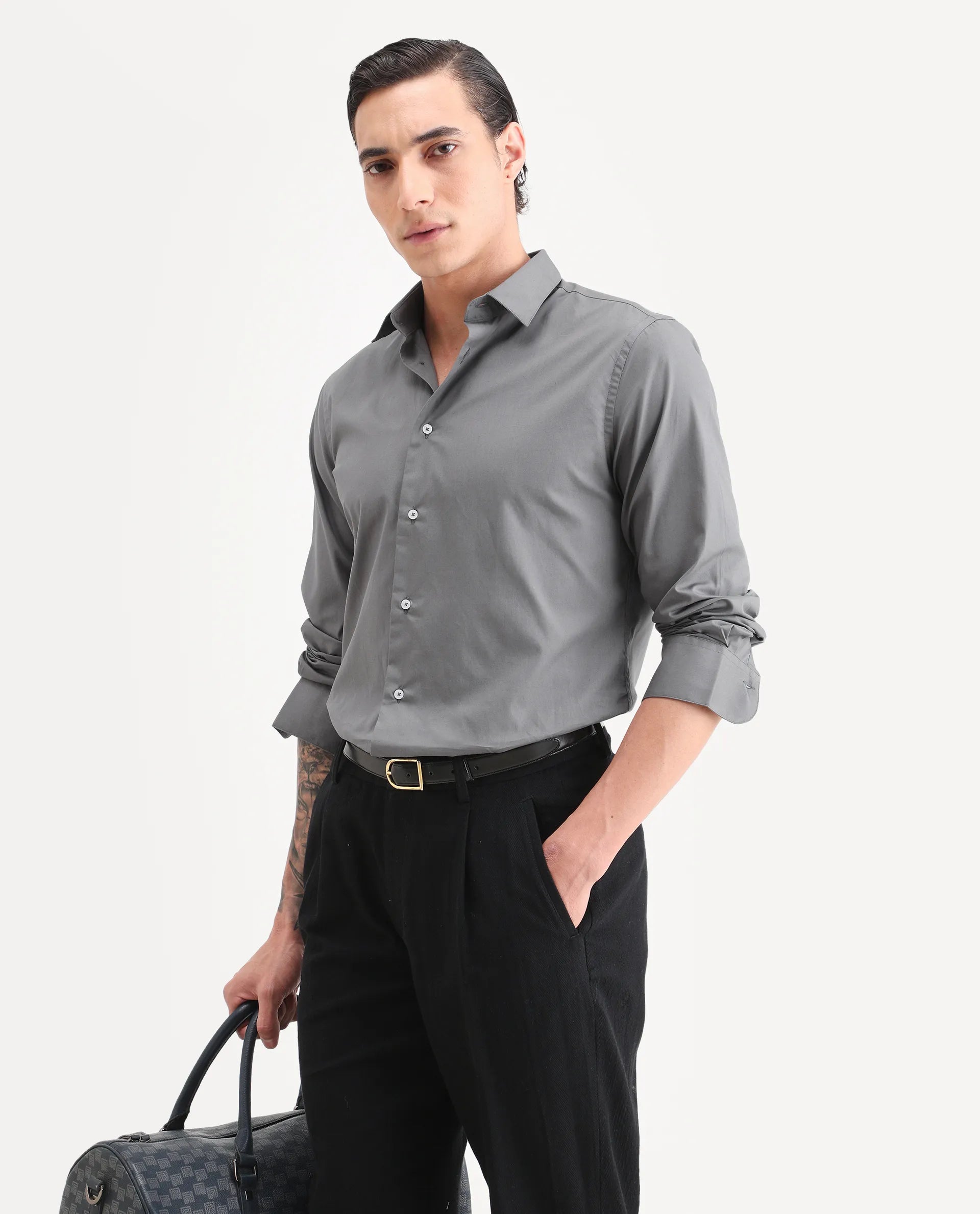 Rare Rabbit Men's Copz Dark Grey Cotton Fabric Full Sleeve Spread Collar Regular Fit Plain Shirt