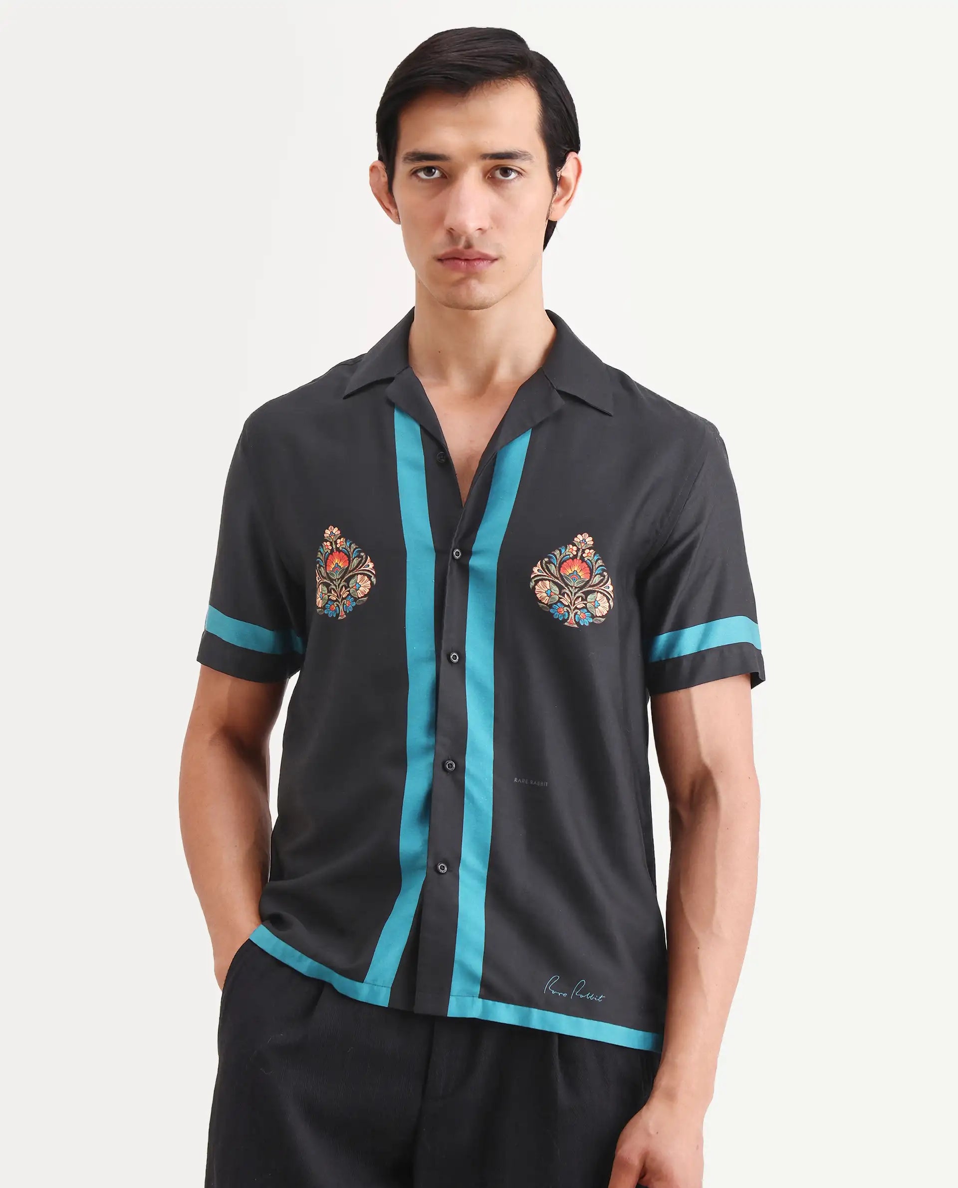 Rare Rabbit Men's Jumble Dark Black Cotton Fabric Full Sleeve Spread Collar Regular Fit Embroidered Shirt