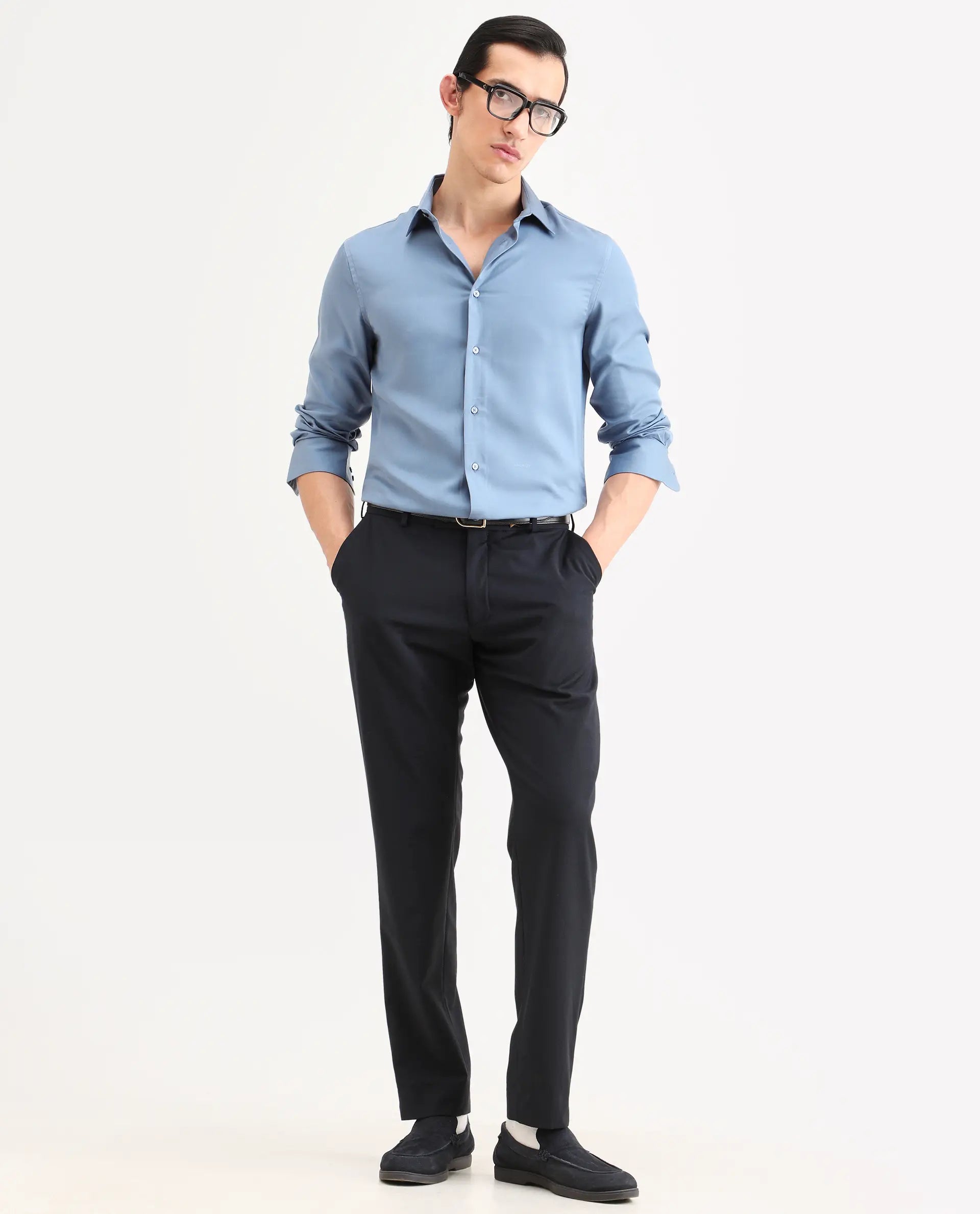 Rare Rabbit Men's Armenop Dusky Blue Tencel Fabric Full Sleeve Spread Collar Regular Fit Plain Shirt