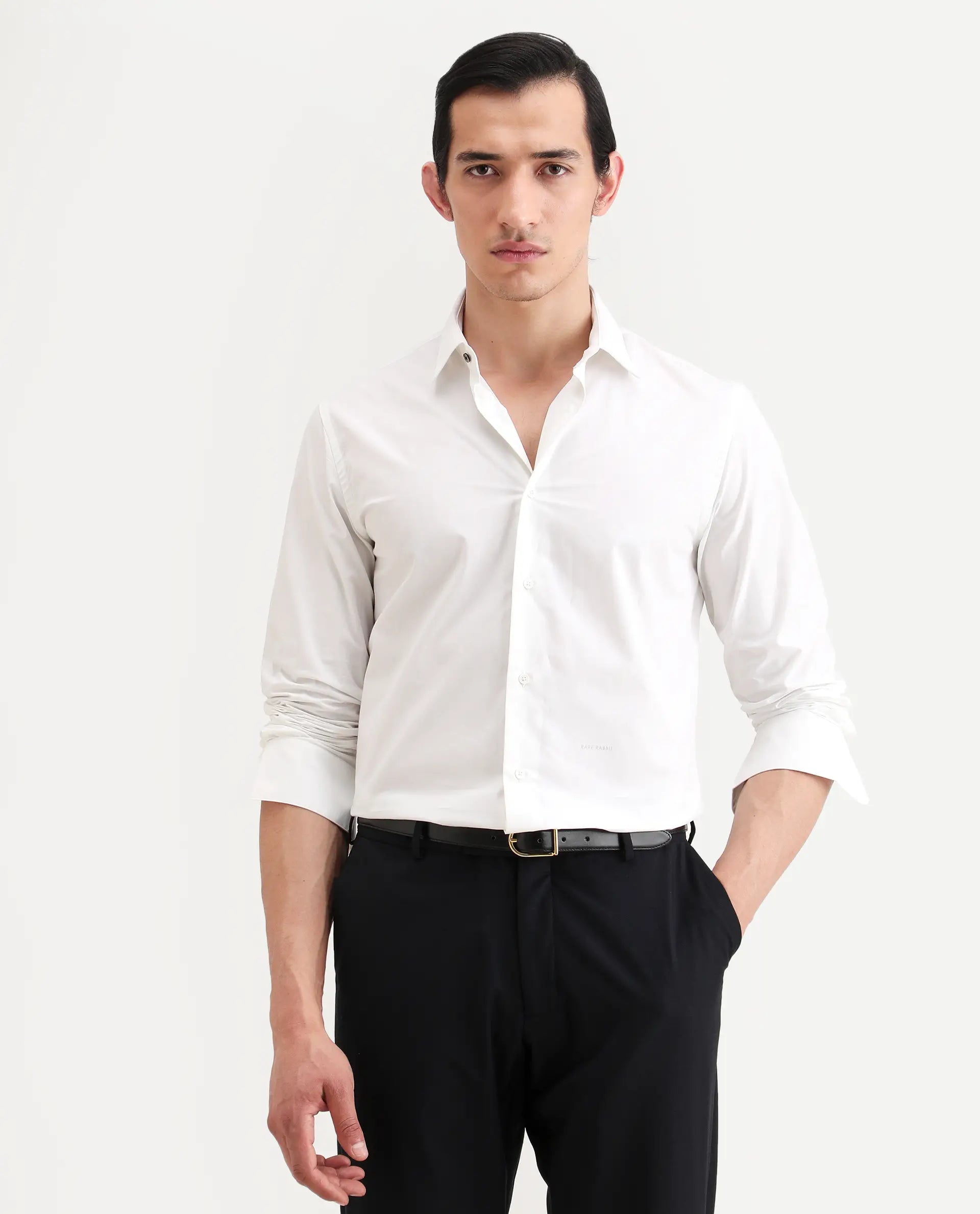 Rare Rabbit Men's Zazzle White Cotton Fabric Full Sleeve Spread Collar Regular Fit Plain Shirt