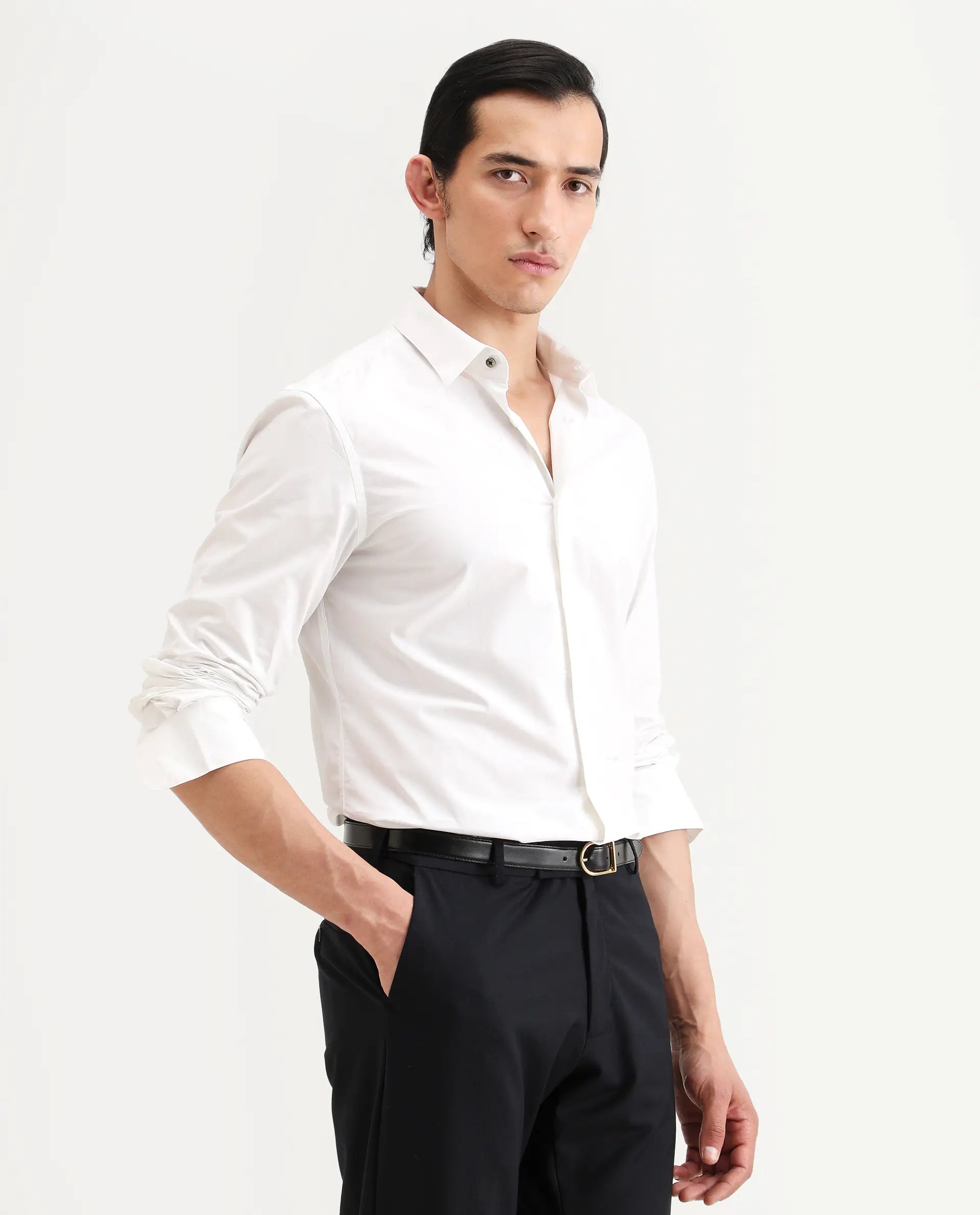 Rare Rabbit Men's Zazzle White Cotton Fabric Full Sleeve Spread Collar Regular Fit Plain Shirt