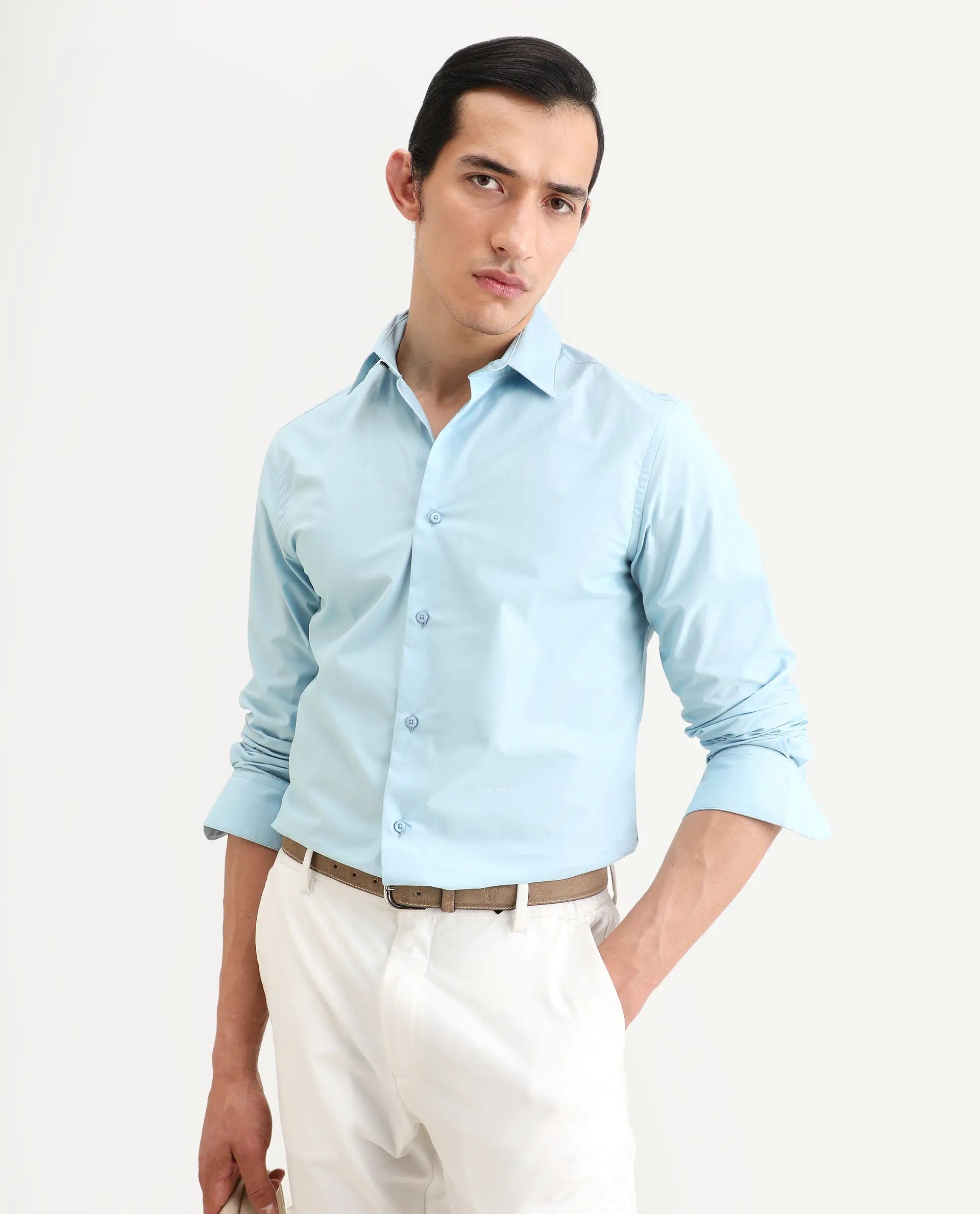 Rare Rabbit Men's Zazzle Light Blue Cotton Fabric Full Sleeve Spread Collar Regular Fit Plain Shirt