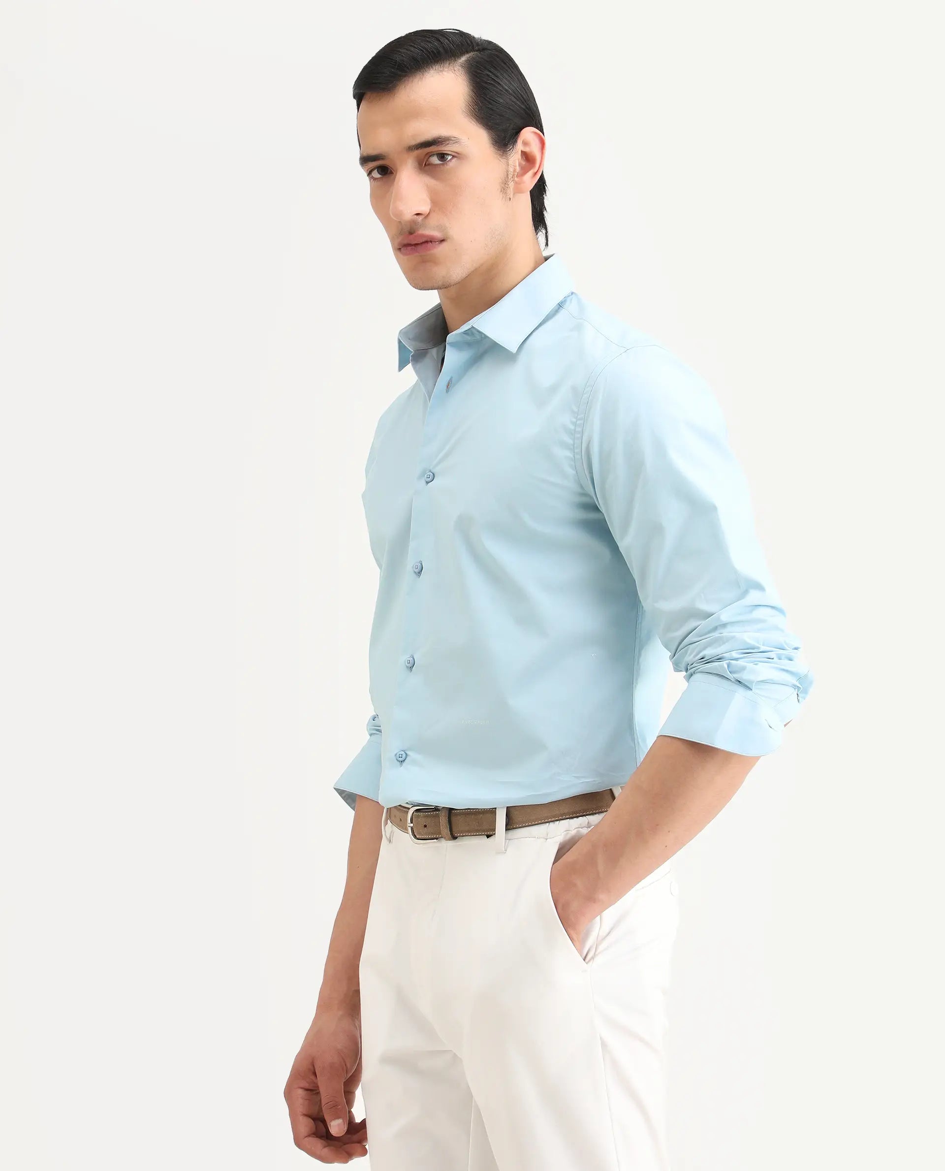 Rare Rabbit Men's Zazzle Light Blue Cotton Fabric Full Sleeve Spread Collar Regular Fit Plain Shirt