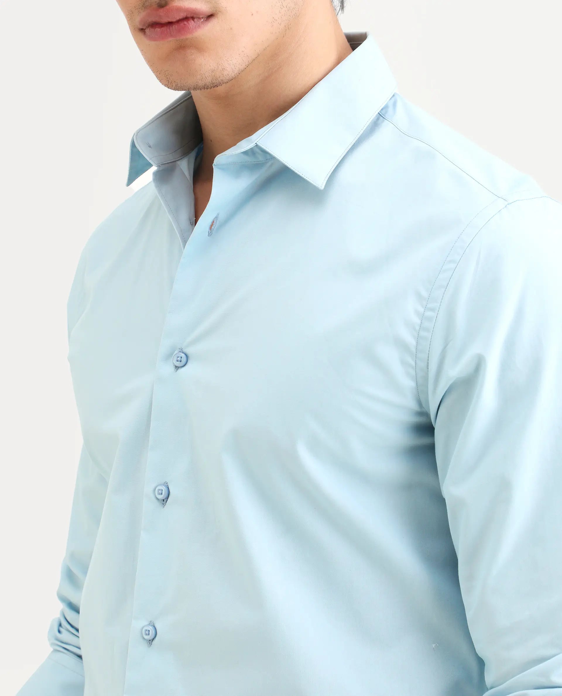 Rare Rabbit Men's Zazzle Light Blue Cotton Fabric Full Sleeve Spread Collar Regular Fit Plain Shirt