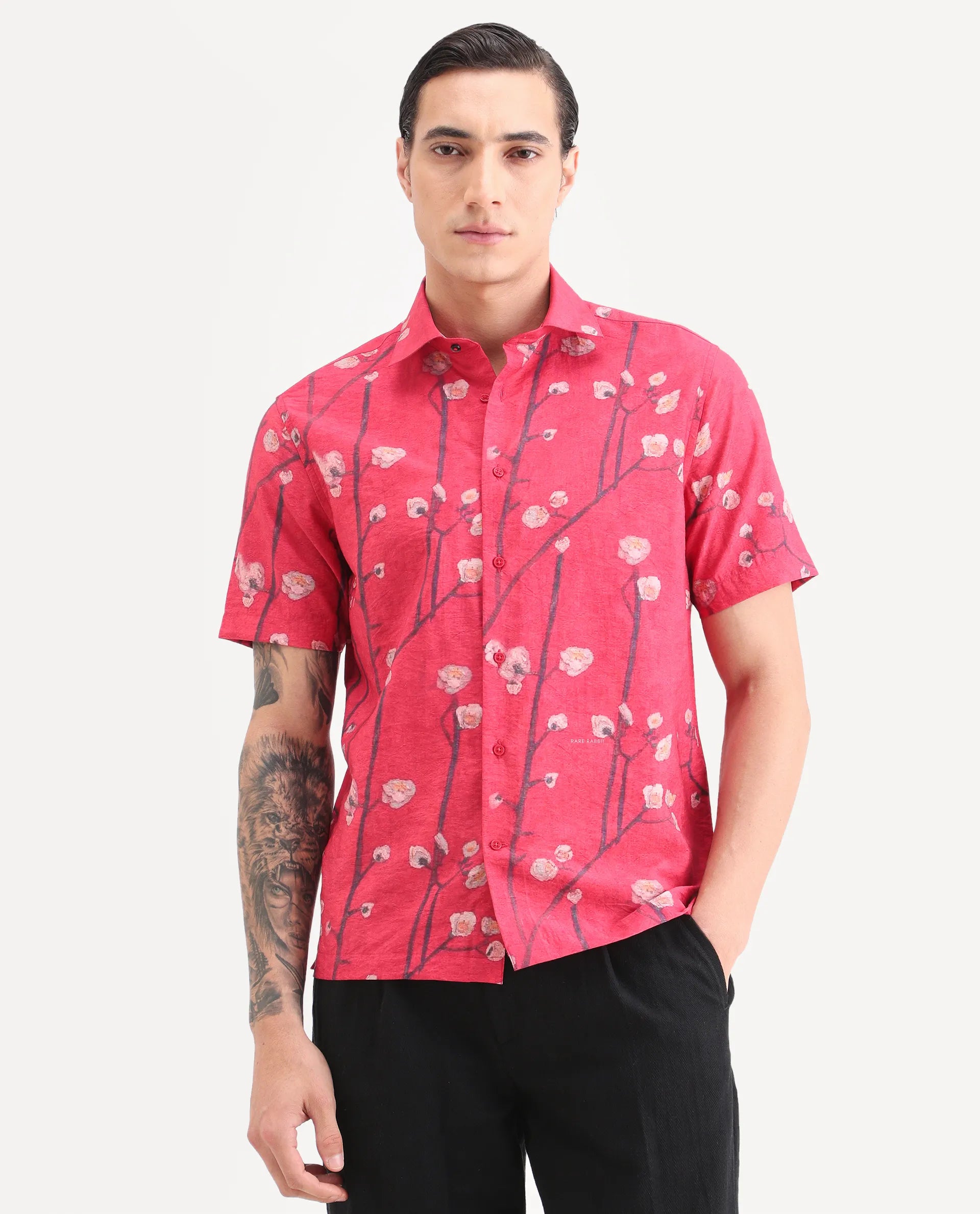 Rare Rabbit Men's Naton Light Red Viscose Blend Fabric Half Sleeve Spread Collar Regular Fit Floral Print Shirt