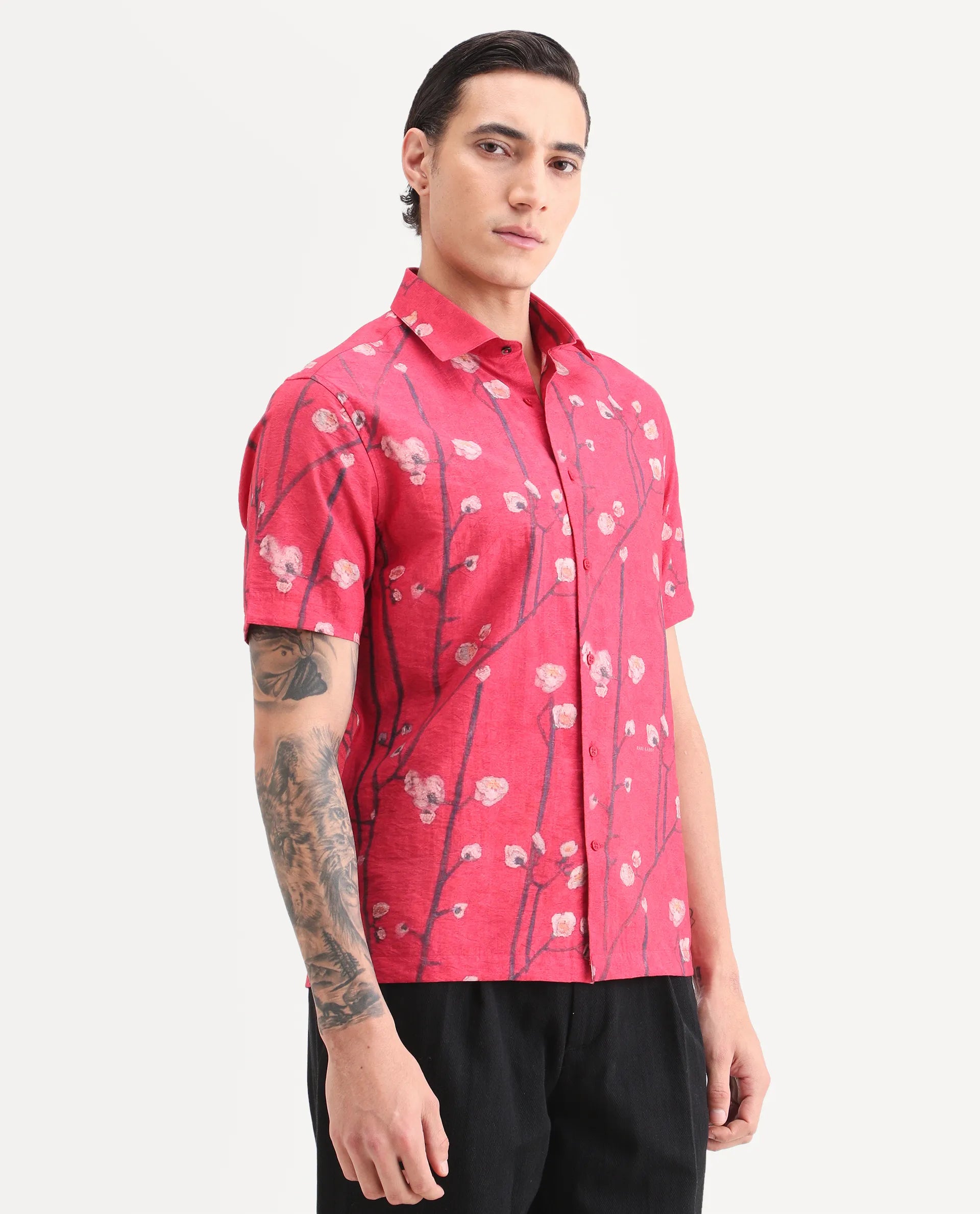 Rare Rabbit Men's Naton Light Red Viscose Blend Fabric Half Sleeve Spread Collar Regular Fit Floral Print Shirt