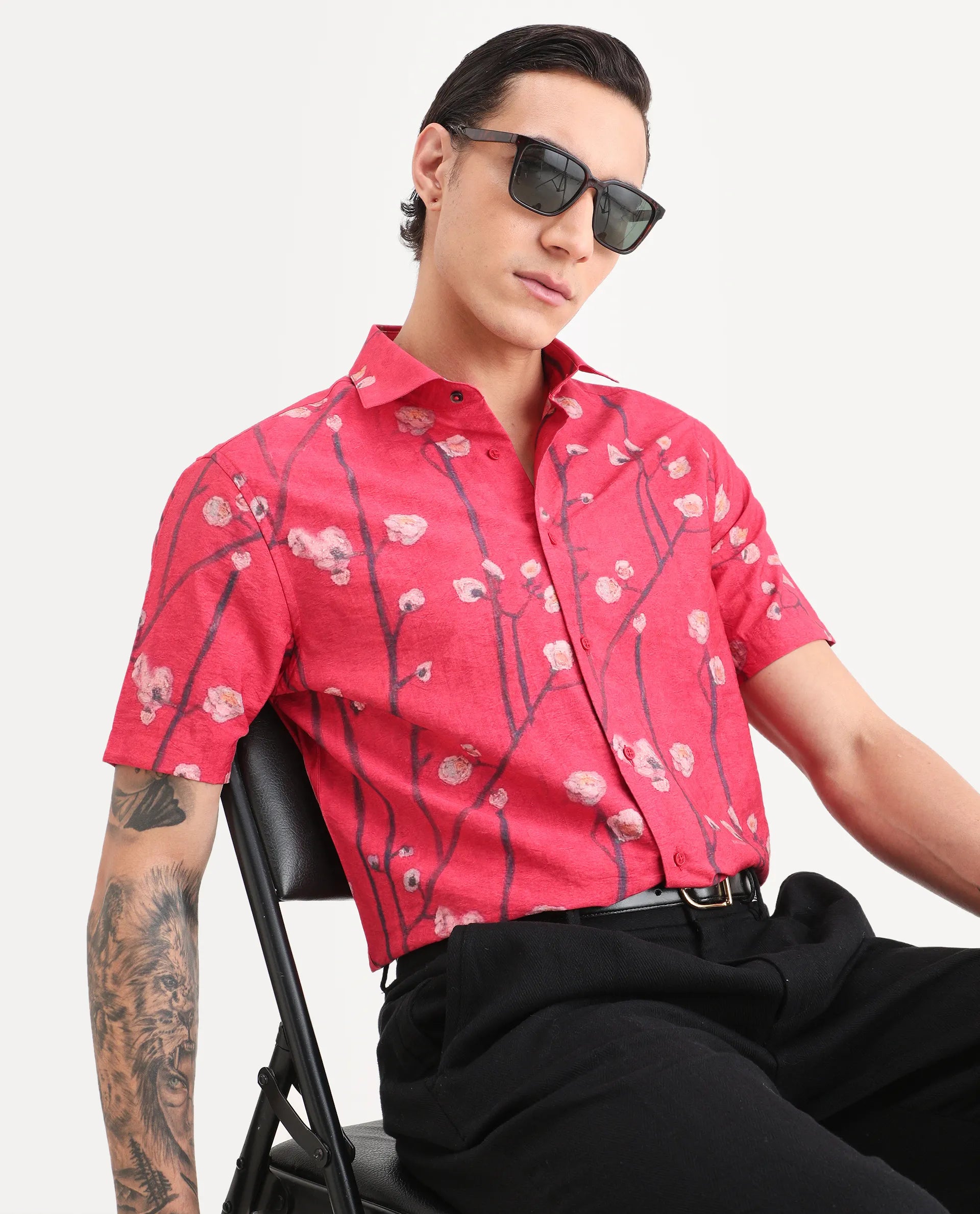 Rare Rabbit Men's Naton Light Red Viscose Blend Fabric Half Sleeve Spread Collar Regular Fit Floral Print Shirt